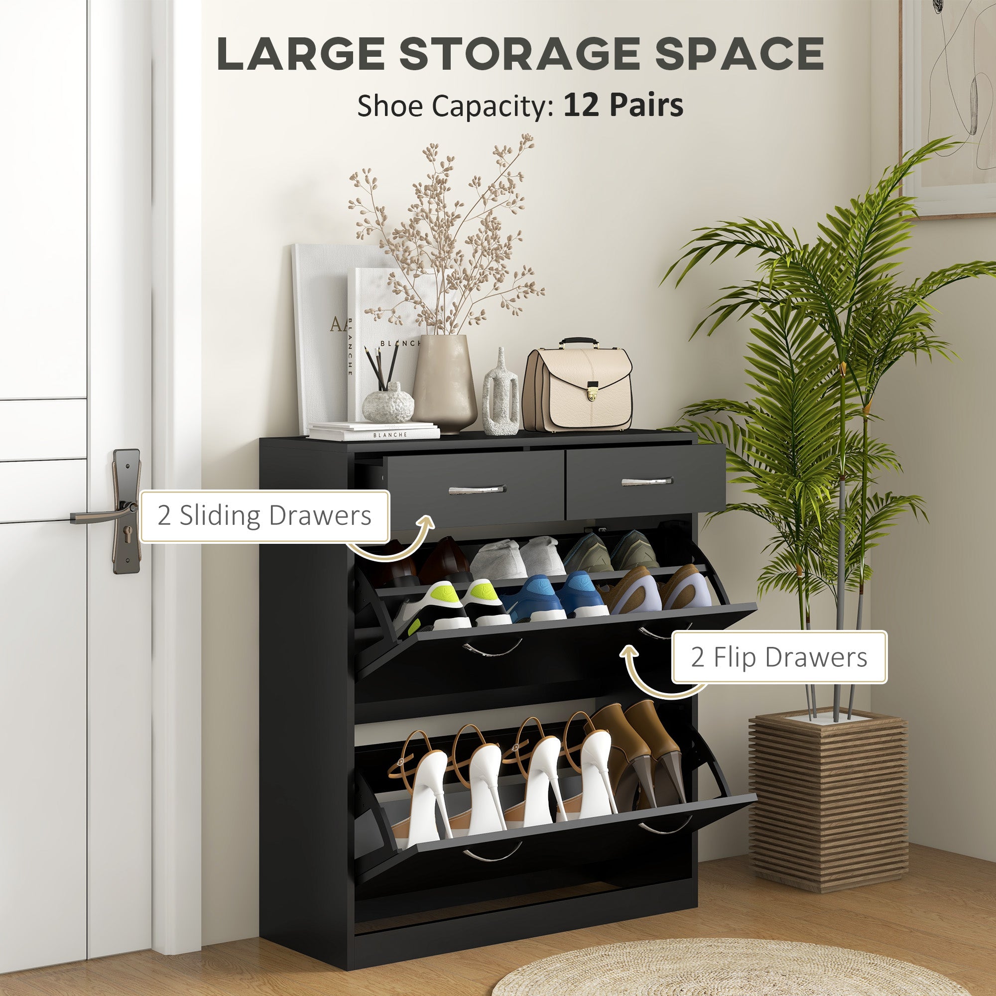 HOMCOM Narrow Shoe Cabinet for Entryway Hallway, Shoe Storage Cabinet with 2 Flip Drawers, 2 Slide Out Drawers and Adjustable Shelves for 12 Pairs of Shoes, Black