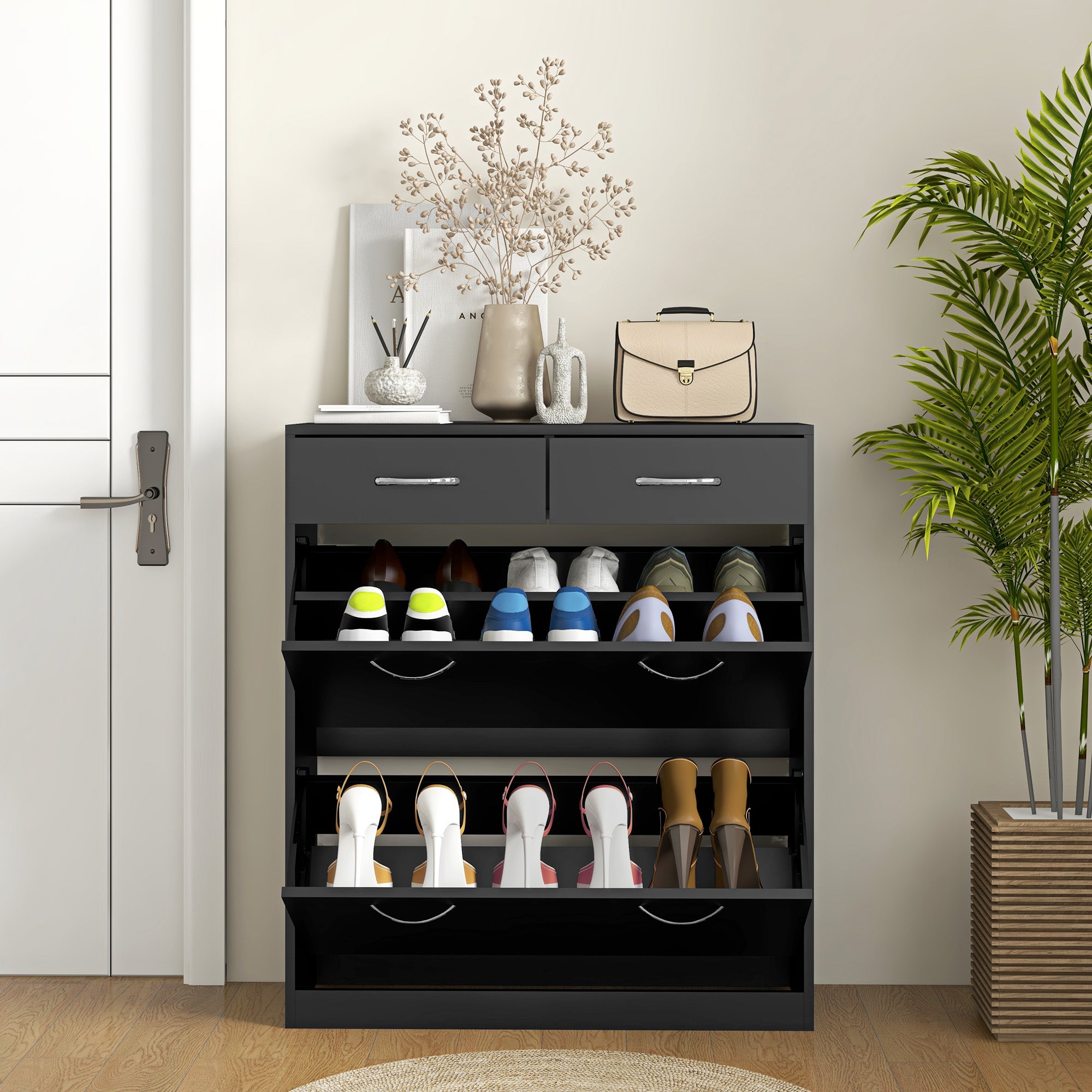 HOMCOM Narrow Shoe Cabinet for Entryway Hallway, Shoe Storage Cabinet with 2 Flip Drawers, 2 Slide Out Drawers and Adjustable Shelves for 12 Pairs of Shoes, Black