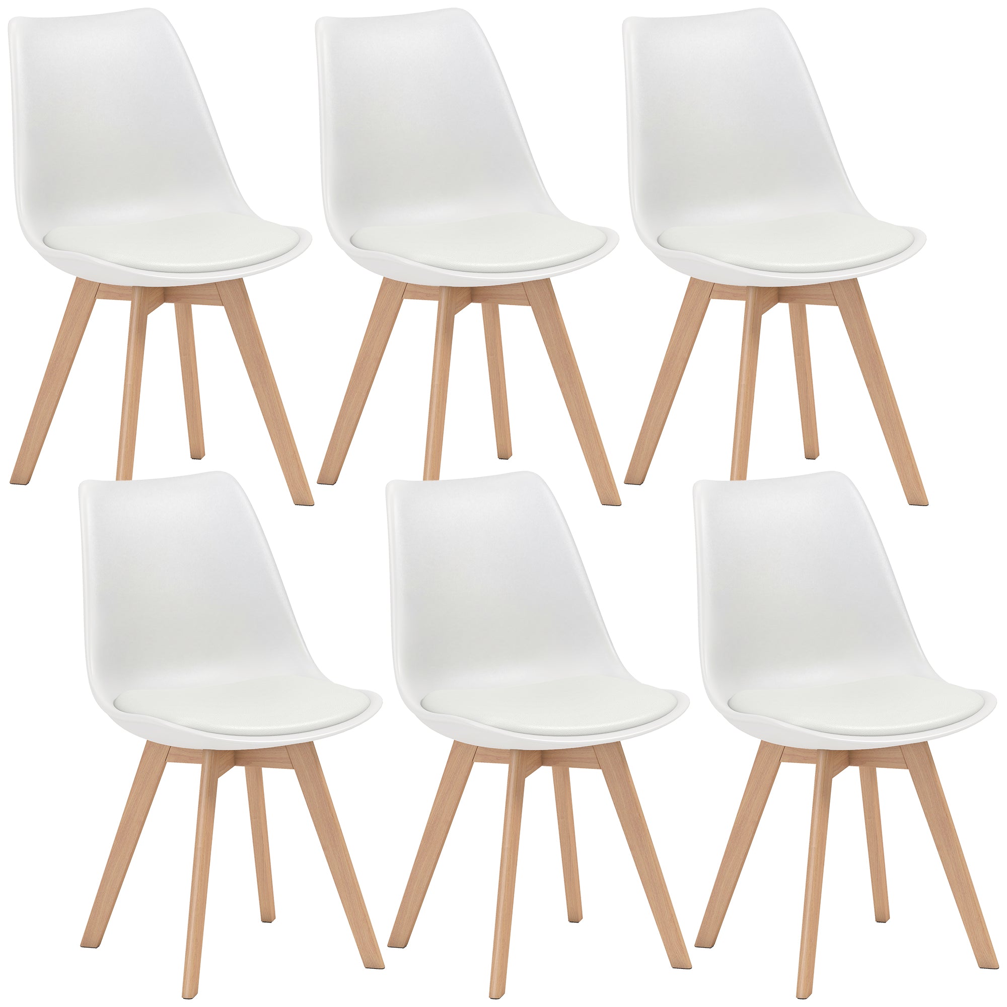 Dining Chairs Set of 6, Modern Kitchen Chairs with PU Leather Cushion and Wood Base, Upholstered Accent Chairs for Living Room and Dining Room, White
