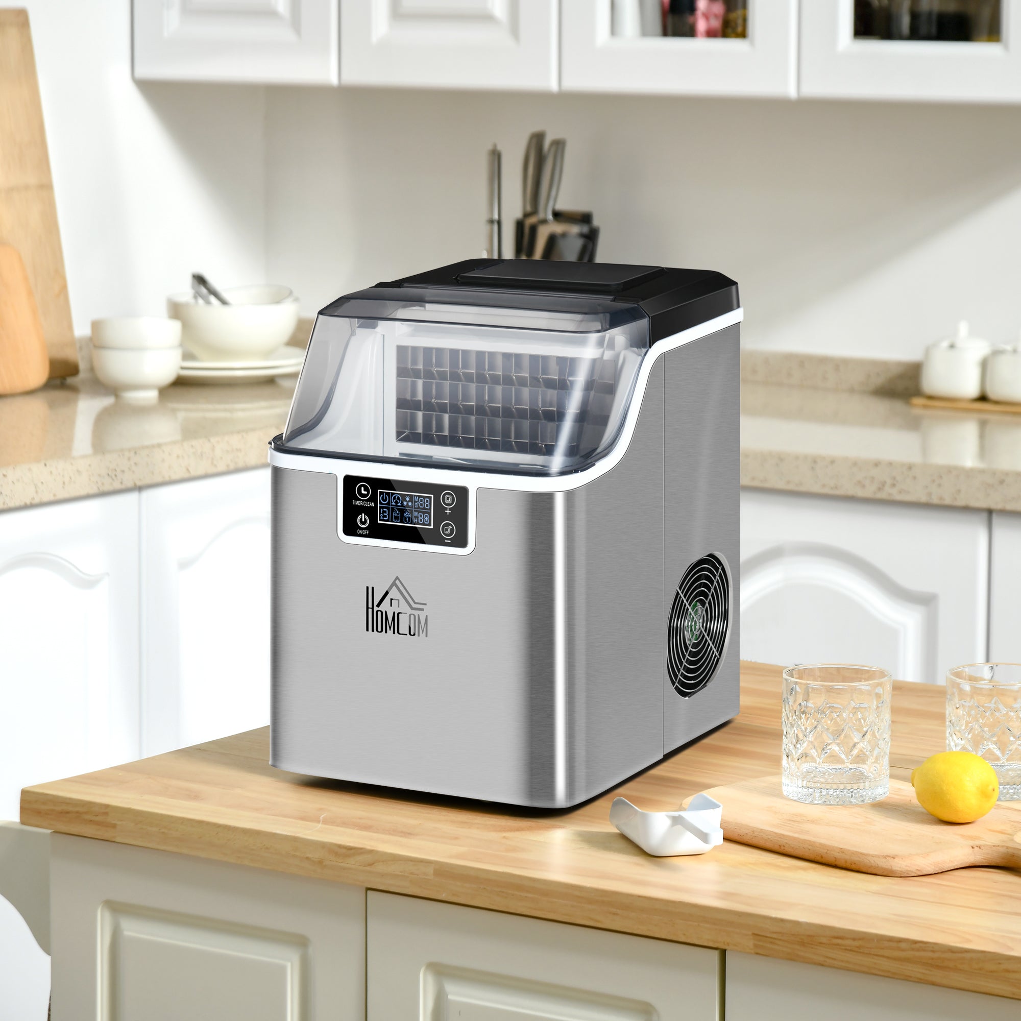 HOMCOM Ice Maker Machine Countertop, Stainless Steel Portable Ice Cube Maker, 2 Ways to Add Water, 24kg/Day, 24 Pcs Ready in 14 Mins, Self-Cleaning with Scoop & Basket, 3.2L, for Home Office, Silver