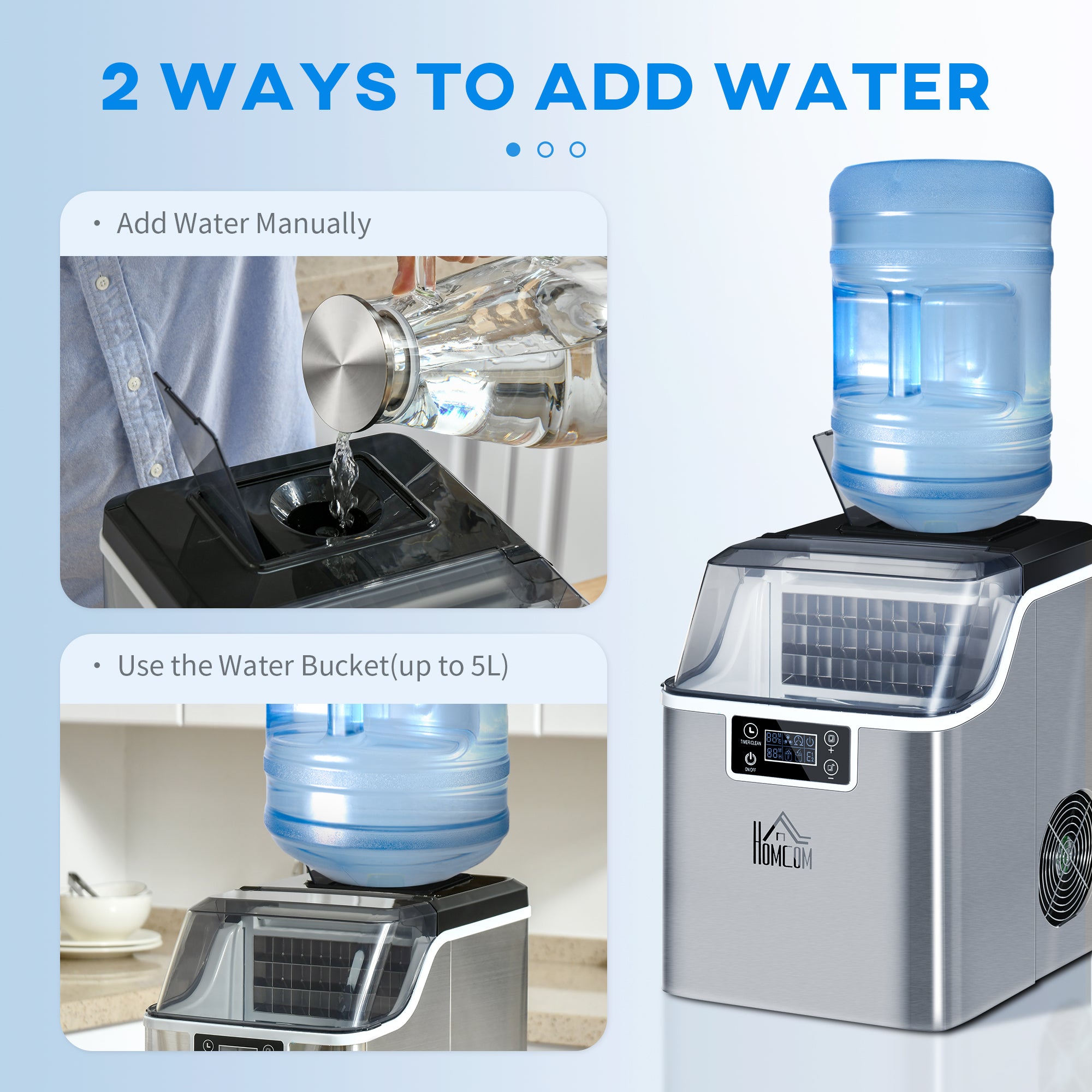 HOMCOM Ice Maker Machine Countertop, Stainless Steel Portable Ice Cube Maker, 2 Ways to Add Water, 24kg/Day, 24 Pcs Ready in 14 Mins, Self-Cleaning with Scoop & Basket, 3.2L, for Home Office, Silver