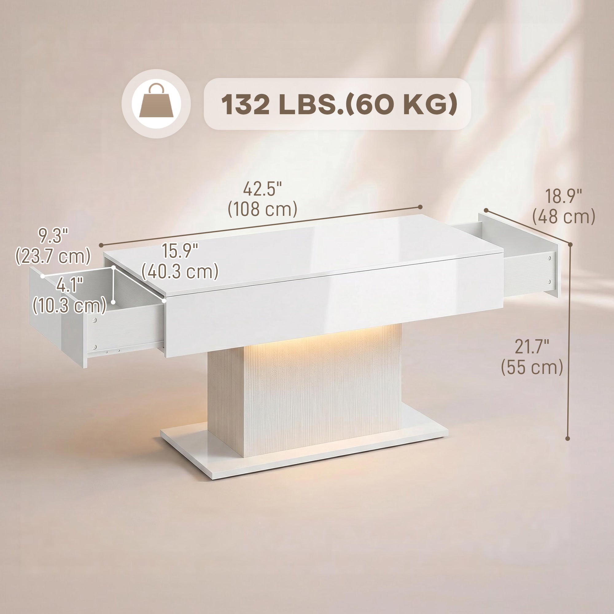 LED Coffee Table with Storage, High Gloss Modern Center Table with 2 Drawers and Remote Control for Living Room, White
