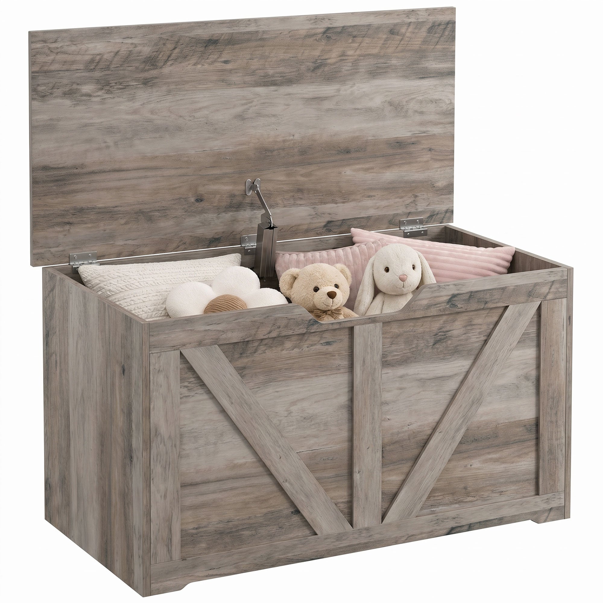 100L Storage Chest, Shoe Storage Trunk Bench Box with Safety Hinge and U-shaped Cut-out Pull, Blanket Box Ottoman for Bedroom, Living Room, Entryway, 80 x 40 x 45 cm, Grey Wood-Effect