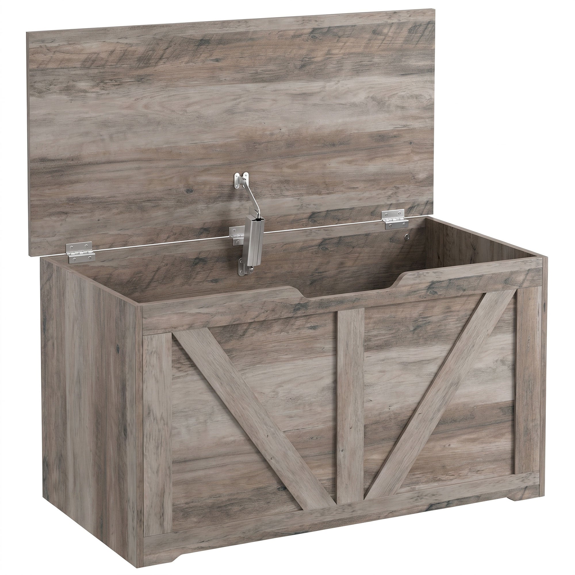 100L Storage Chest, Shoe Storage Trunk Bench Box with Safety Hinge and U-shaped Cut-out Pull, Blanket Box Ottoman for Bedroom, Living Room, Entryway, 80 x 40 x 45 cm, Grey Wood-Effect