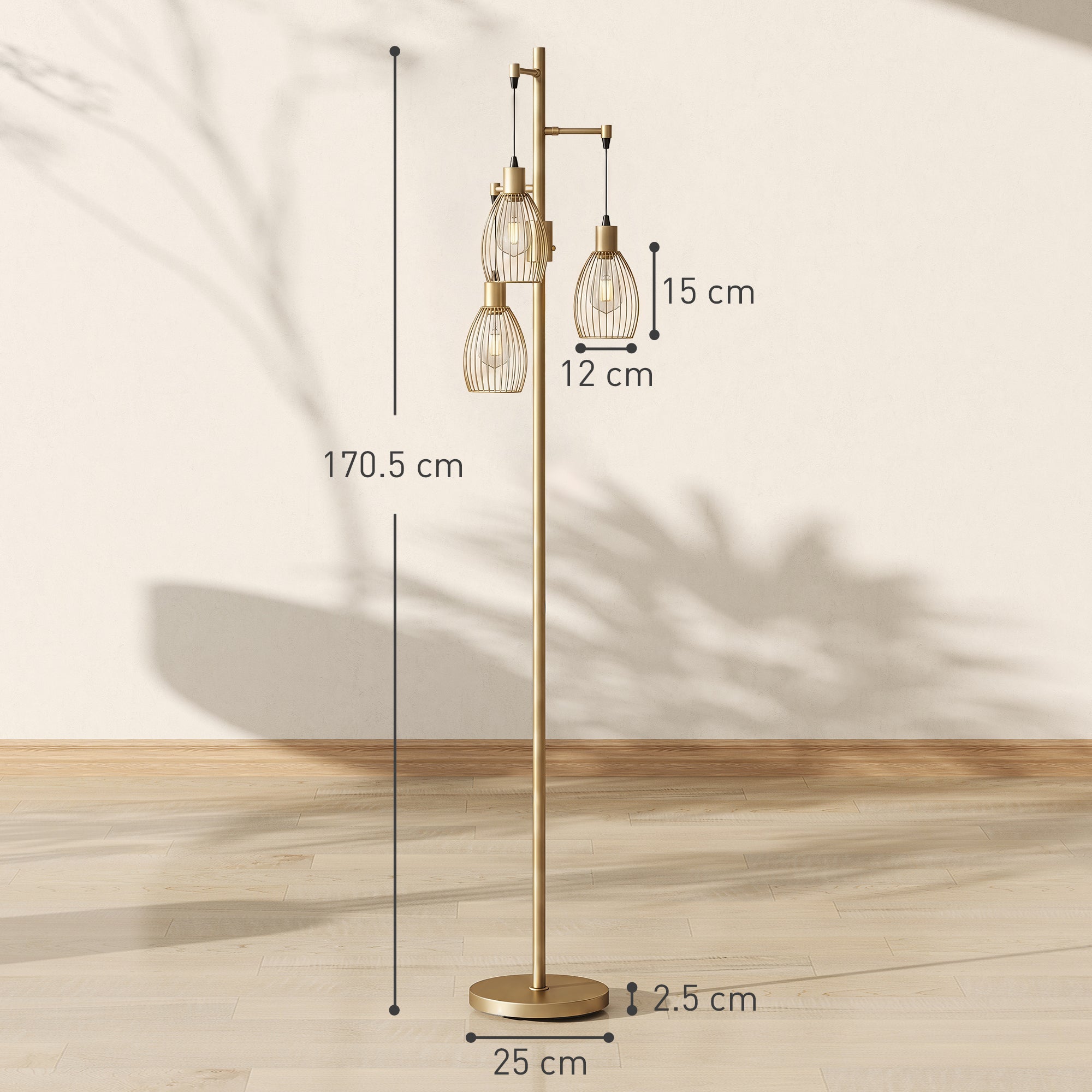 3-Light LED Floor Lamp, 170cm Industrial Dimmable Standing Lamp with Steel Wire Cage Lampshades, 2700K for Living Room, Bedroom, Dining Room, Study, Gold Tone