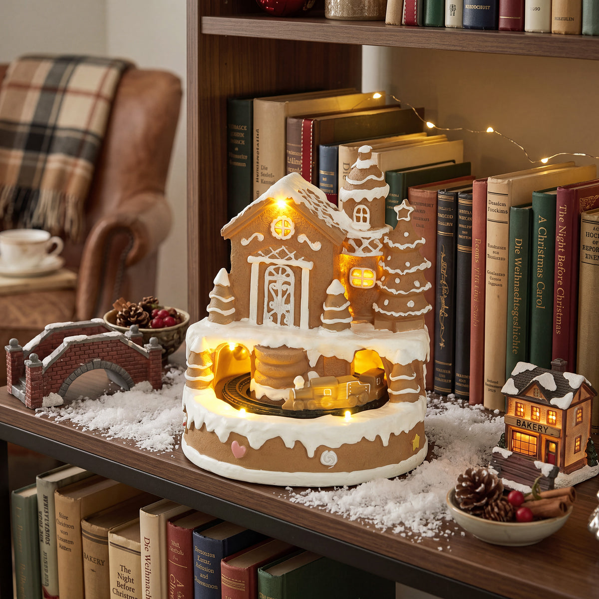 Christmas Gingerbread House, Lighted Musical Snow Village, Tabletop Polyresin Decoration with Rotating Train, 7 Warm White LED Lights, 8 Classic Christmas Tunes, Battery Operated