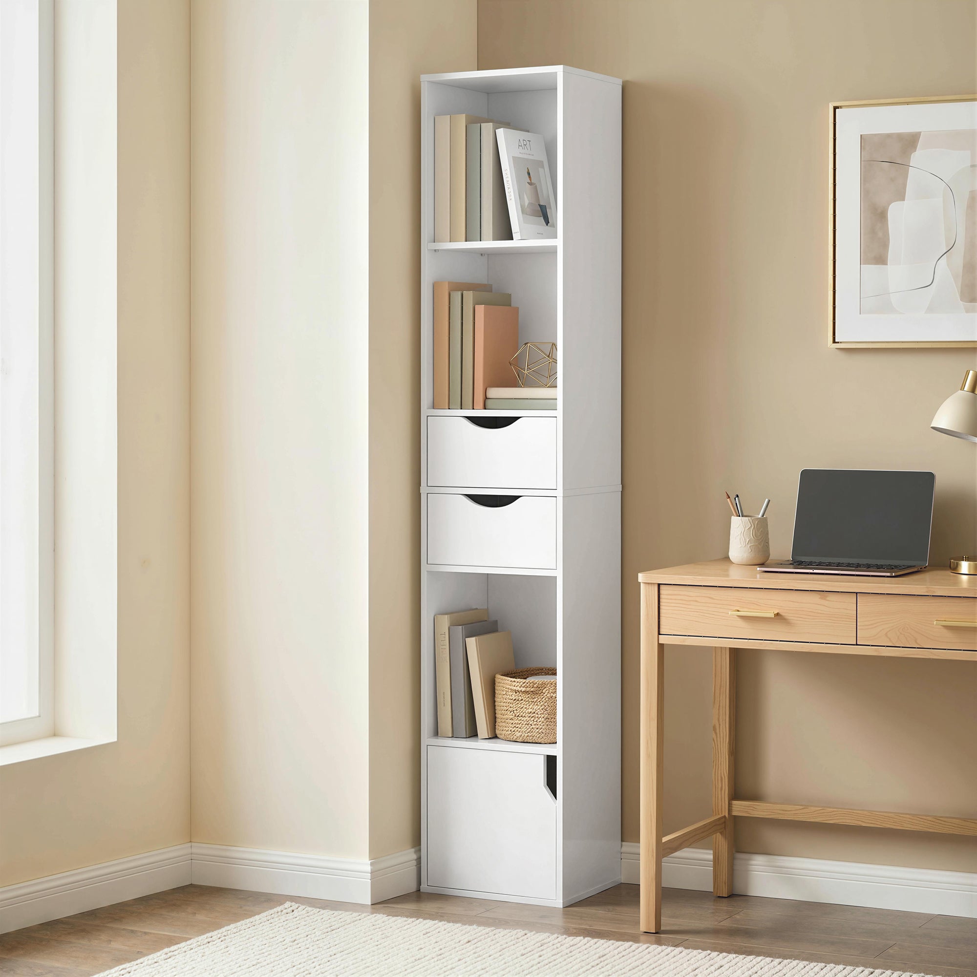 158 cm Bookcase with Drawers, 3-Tier Bookshelf, Slim Storage Cabinet with Doors, Adjustable Shelf for Living Room, Bedroom, Home Office, White
