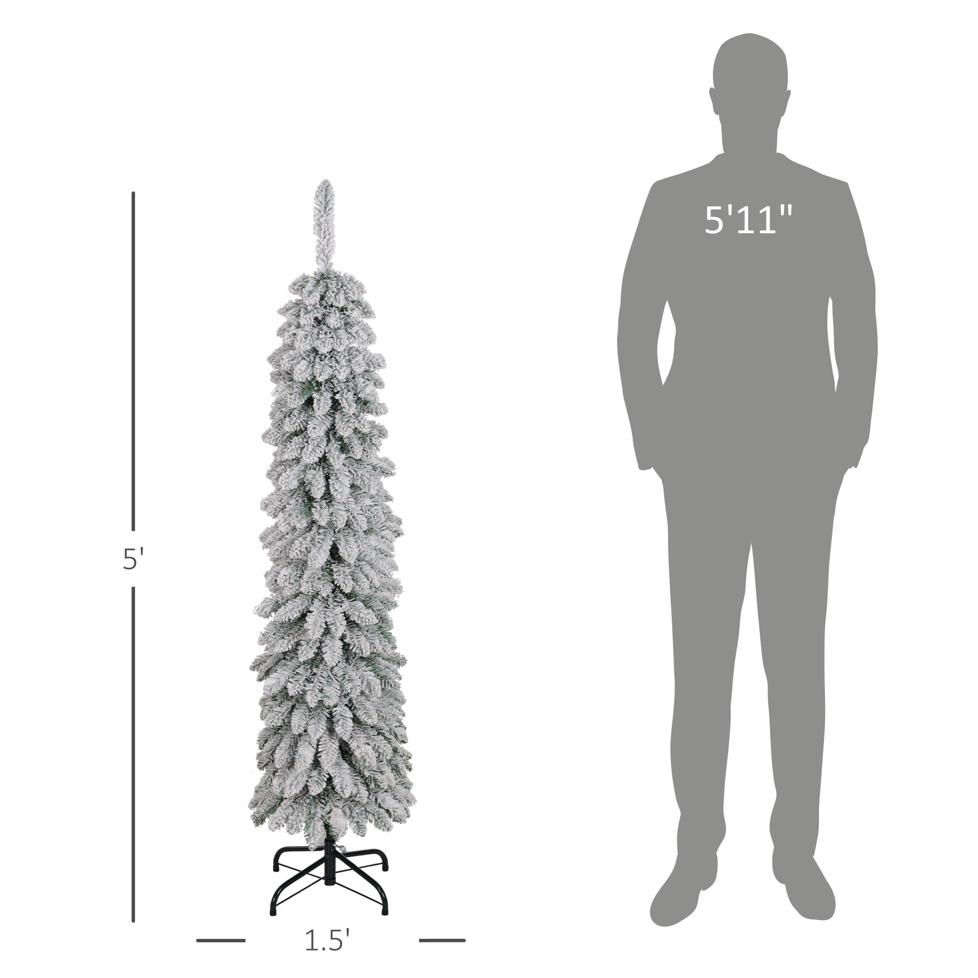 5' Tall Unlit Snow-Flocked Artificial Christmas Tree, Slim Pencil Xmas Tree with Realistic Branches and 301 Tips, Green
