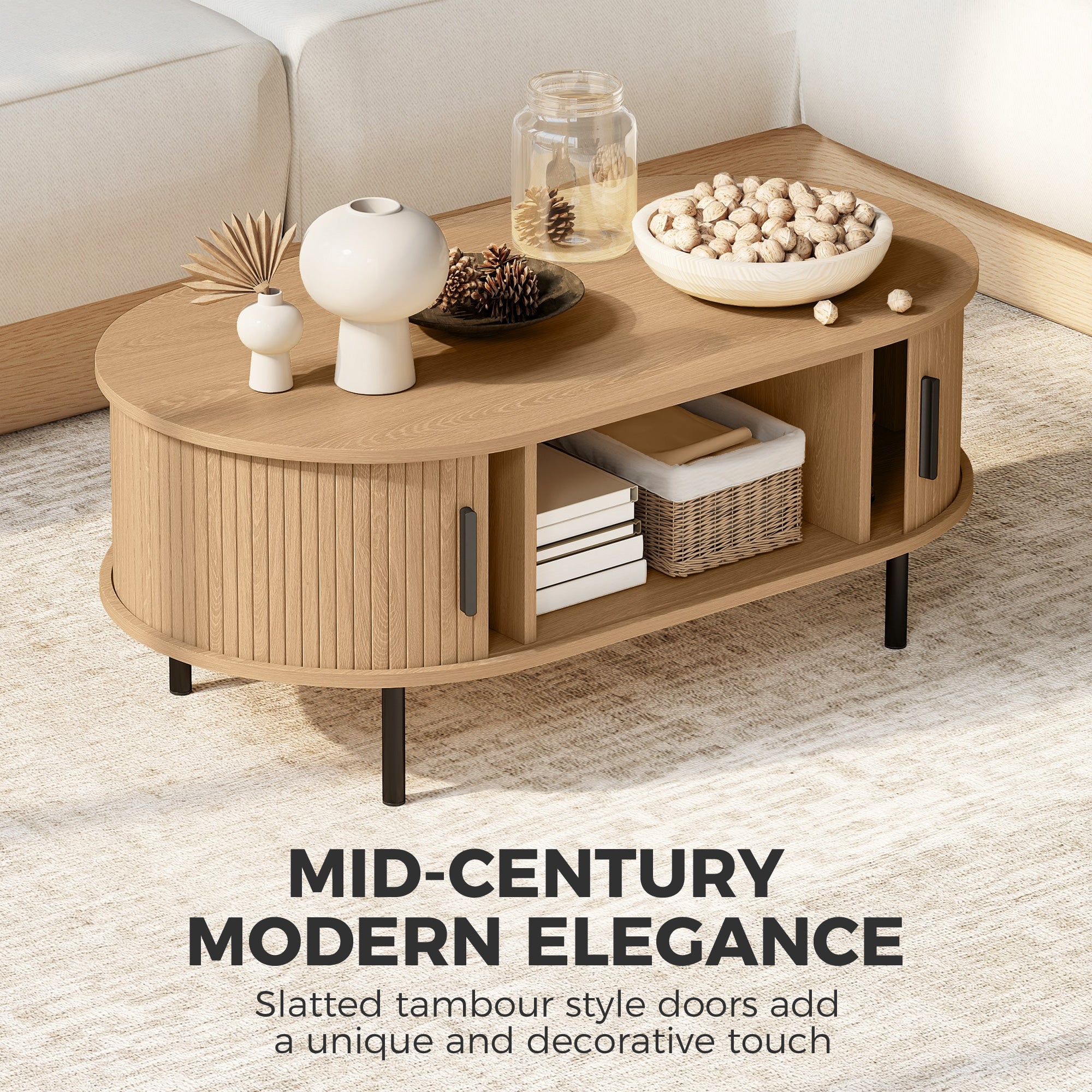 Mid-Century Modern Coffee Table, Center Table for Living Room with Storage, Sliding Tambour Doors, Rounded Edges and Metal Legs, Natural Wood Effect