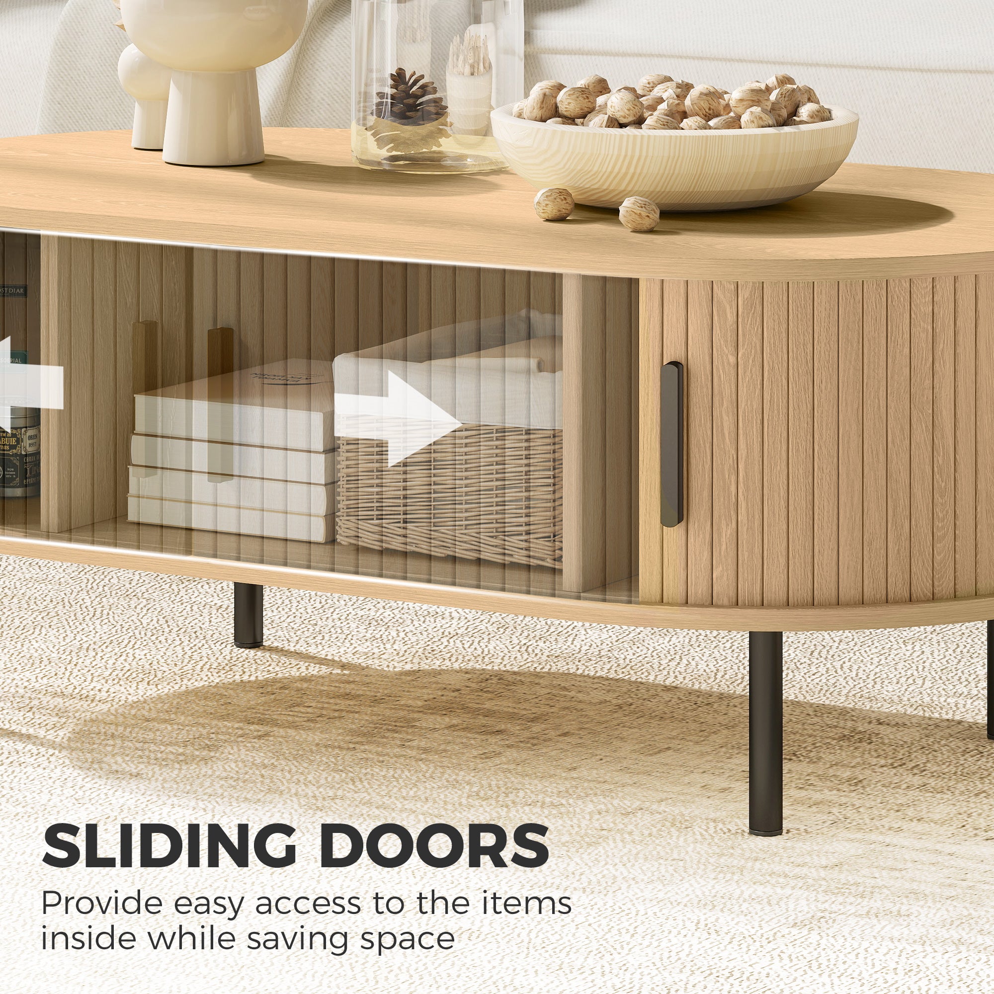 Mid-Century Modern Coffee Table, Center Table for Living Room with Storage, Sliding Tambour Doors, Rounded Edges and Metal Legs, Natural Wood Effect