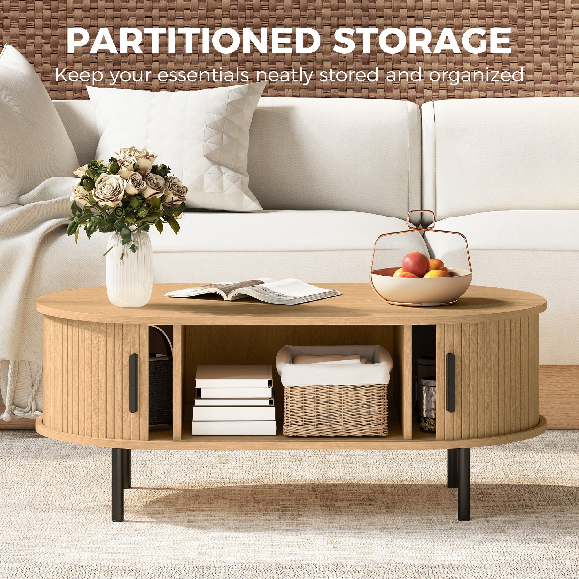 Mid-Century Modern Coffee Table, Center Table for Living Room with Storage, Sliding Tambour Doors, Rounded Edges and Metal Legs, Natural Wood Effect