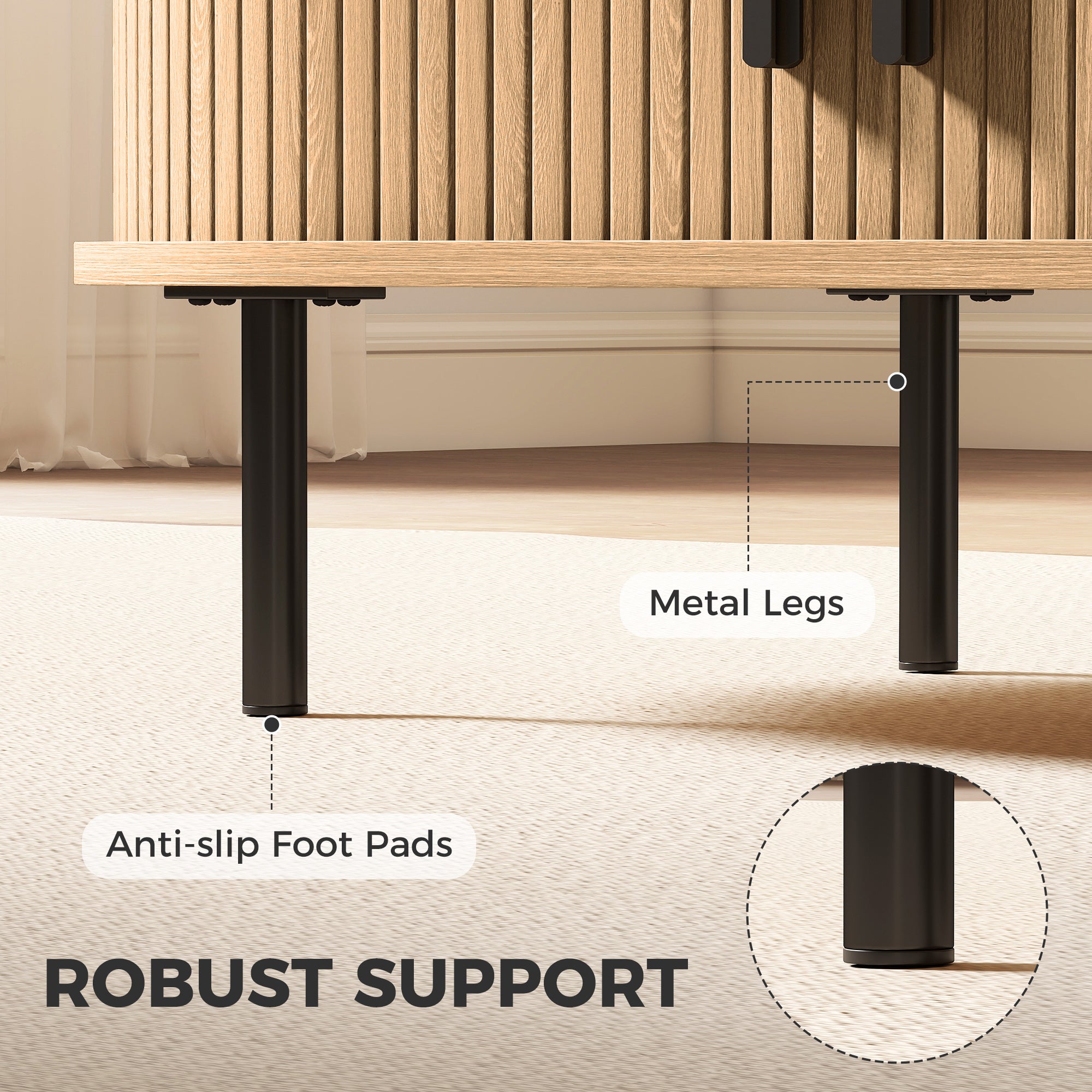 Mid-Century Modern Coffee Table, Center Table for Living Room with Storage, Sliding Tambour Doors, Rounded Edges and Metal Legs, Natural Wood Effect