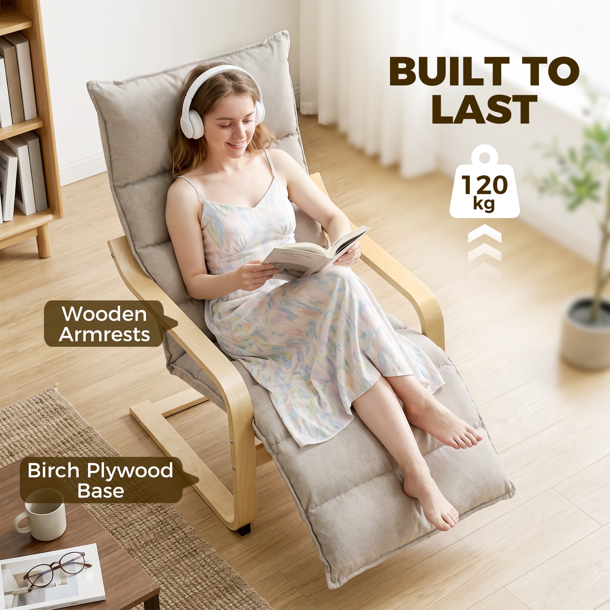 Armchair with Adjustable Footrest, Velvet Upholstered Accent Chair, Modern Poang Chair for Living Room, Bedroom, Balcony, Office, Light Brown