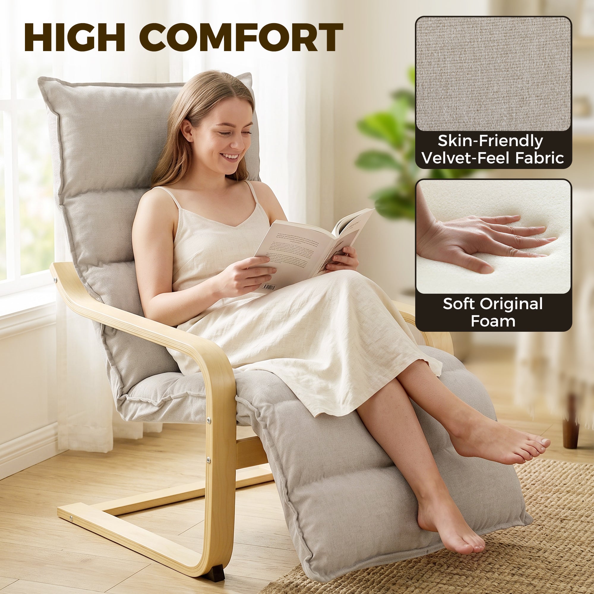 Armchair with Adjustable Footrest, Velvet Upholstered Accent Chair, Modern Poang Chair for Living Room, Bedroom, Balcony, Office, Light Brown