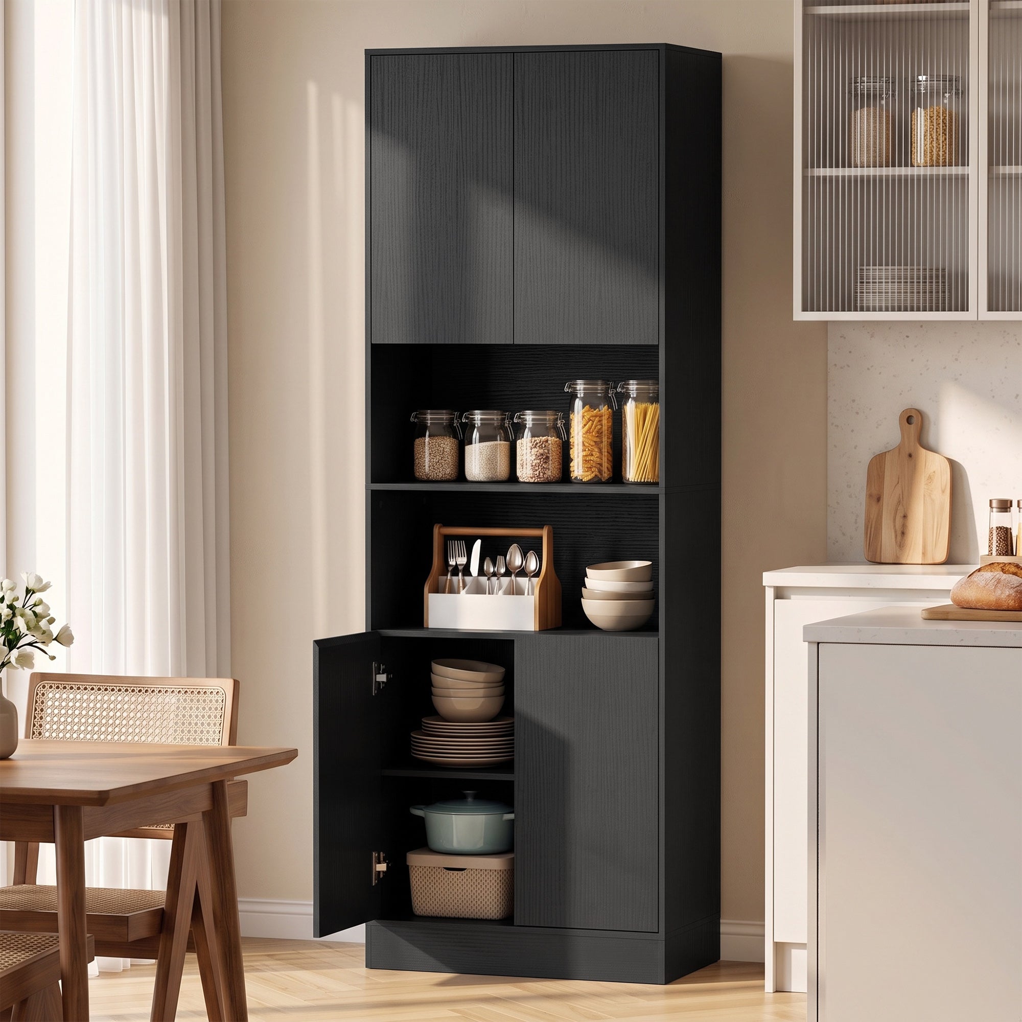 170 cm Tall Kitchen Cupboard, Pantry Storage Cabinet with Soft-Close Hinges, Freestanding Kitchen Cabinet with 2 Cupboards, 2 Open Shelves and Adjustable Shelves, Black Wood Effect