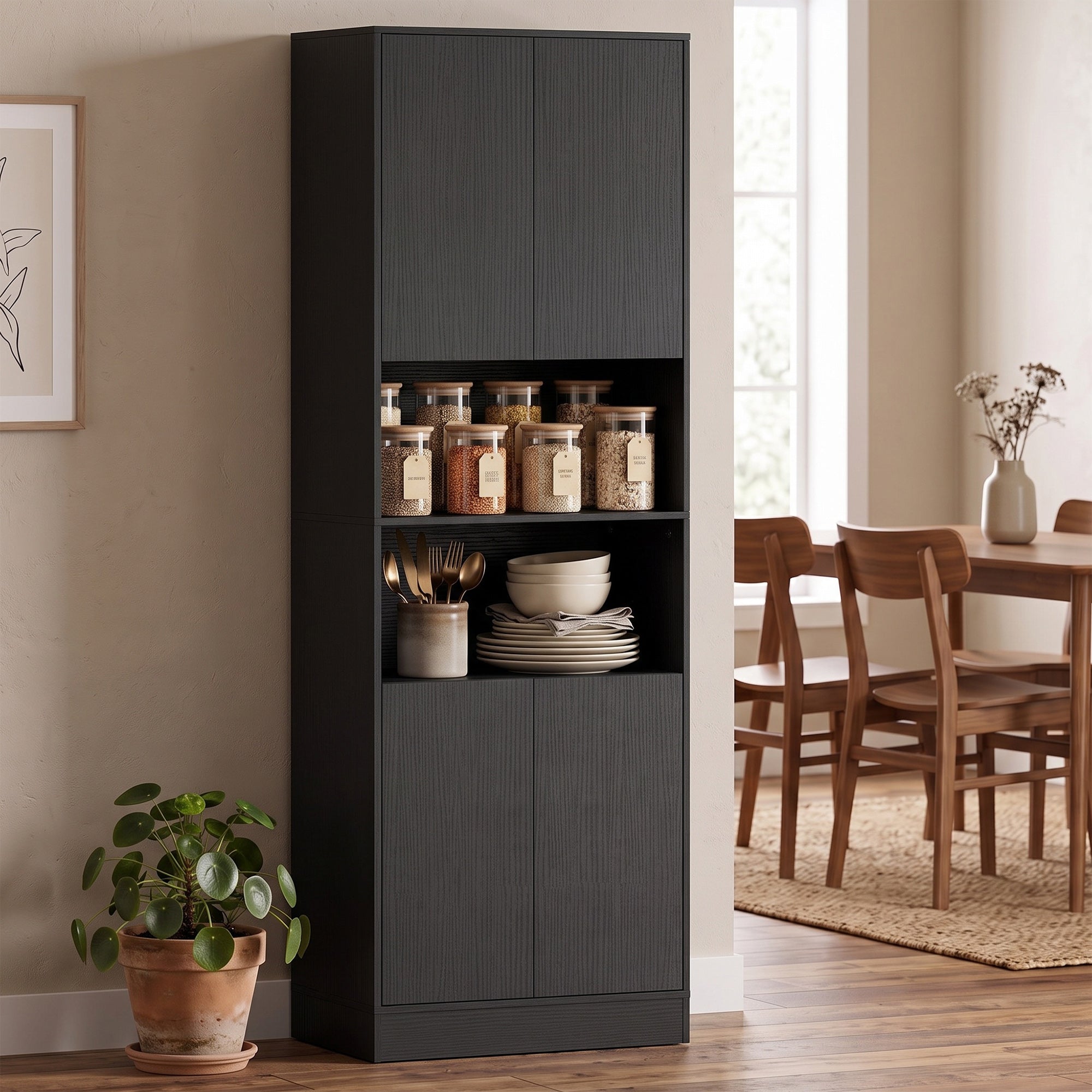 170 cm Tall Kitchen Cupboard, Pantry Storage Cabinet with Soft-Close Hinges, Freestanding Kitchen Cabinet with 2 Cupboards, 2 Open Shelves and Adjustable Shelves, Black Wood Effect