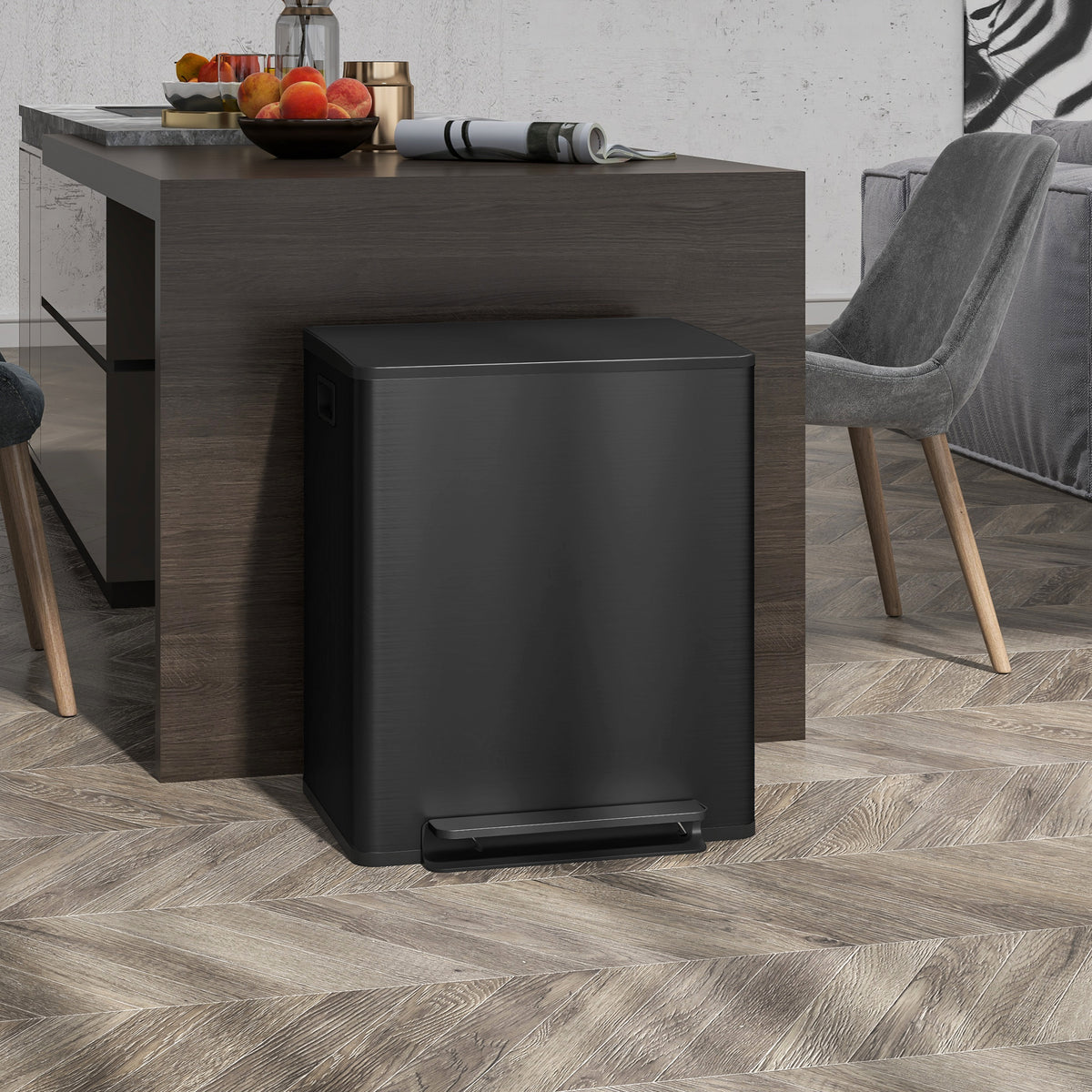 2 x 6.6 Gallon Dual Trash Can, Soft-Close Lid Stainless Steel Double Garbage Bin with Removable Inner Buckets and Handles for Kitchen, Office, Bathroom, Black