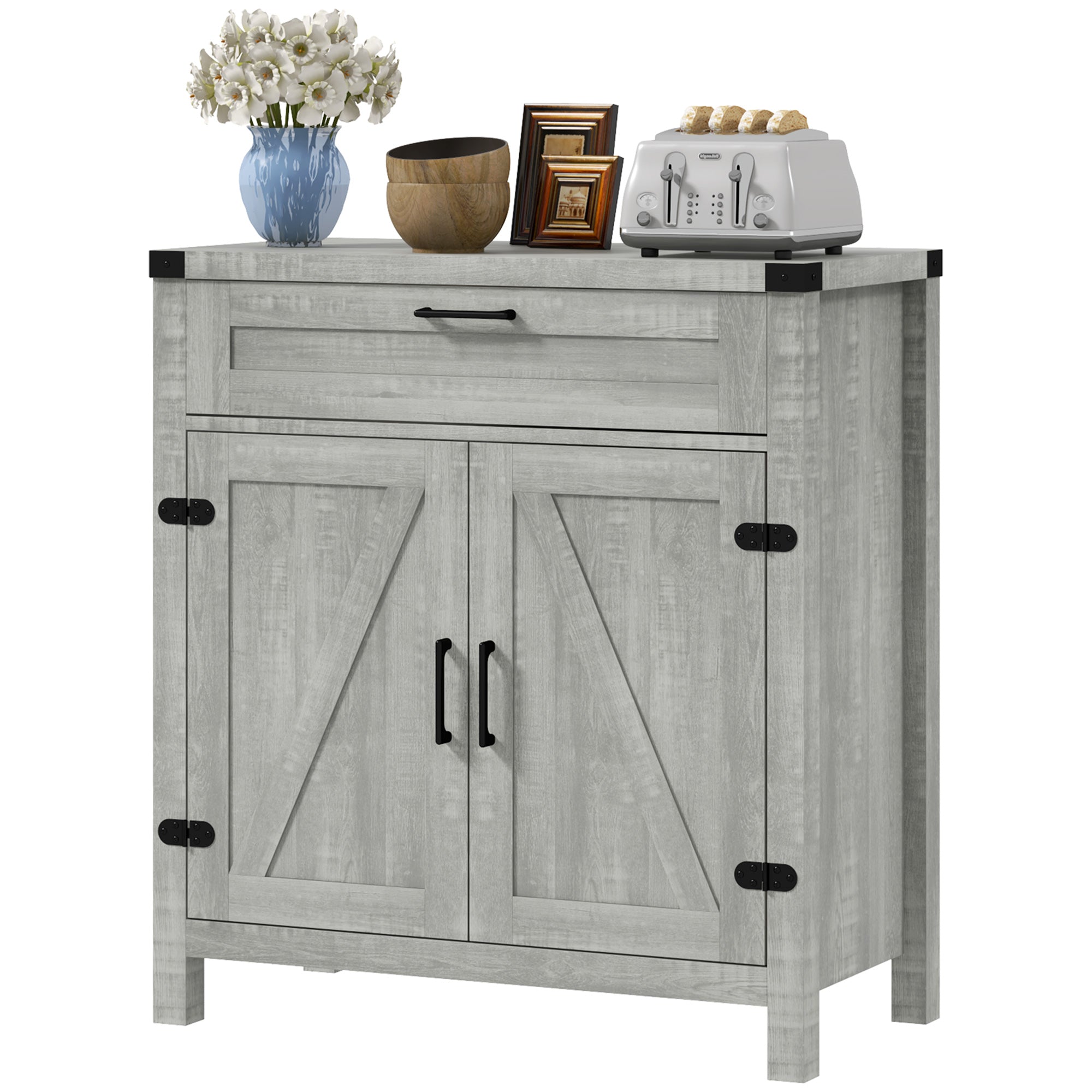 HOMCOM Sideboard Buffet Cabinet, Farmhouse Kitchen Storage Cabinet with Rustic Barn Door and Drawer, Grey