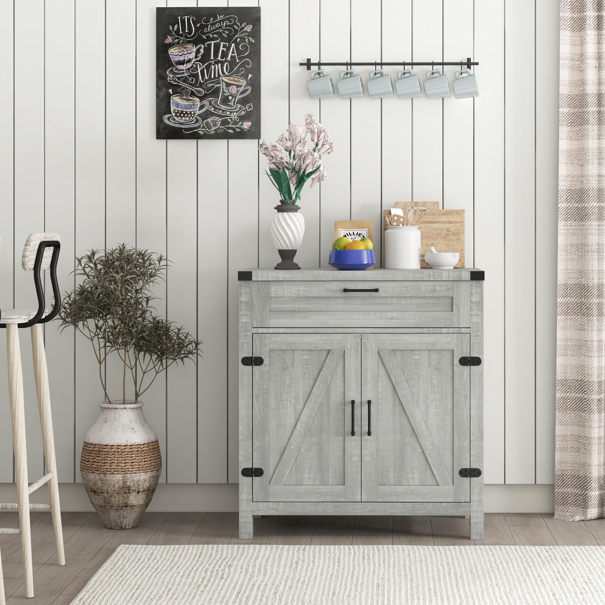 HOMCOM Sideboard Buffet Cabinet, Farmhouse Kitchen Storage Cabinet with Rustic Barn Door and Drawer, Grey