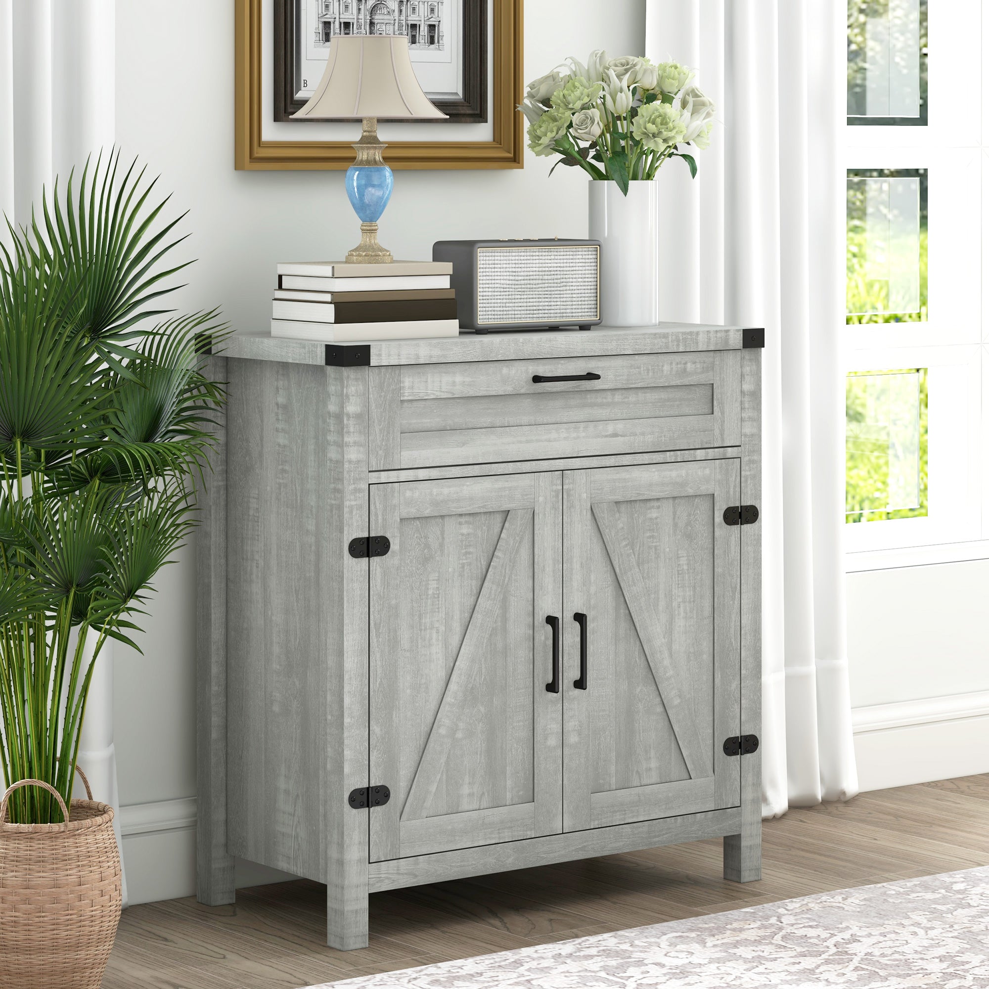 HOMCOM Sideboard Buffet Cabinet, Farmhouse Kitchen Storage Cabinet with Rustic Barn Door and Drawer, Grey