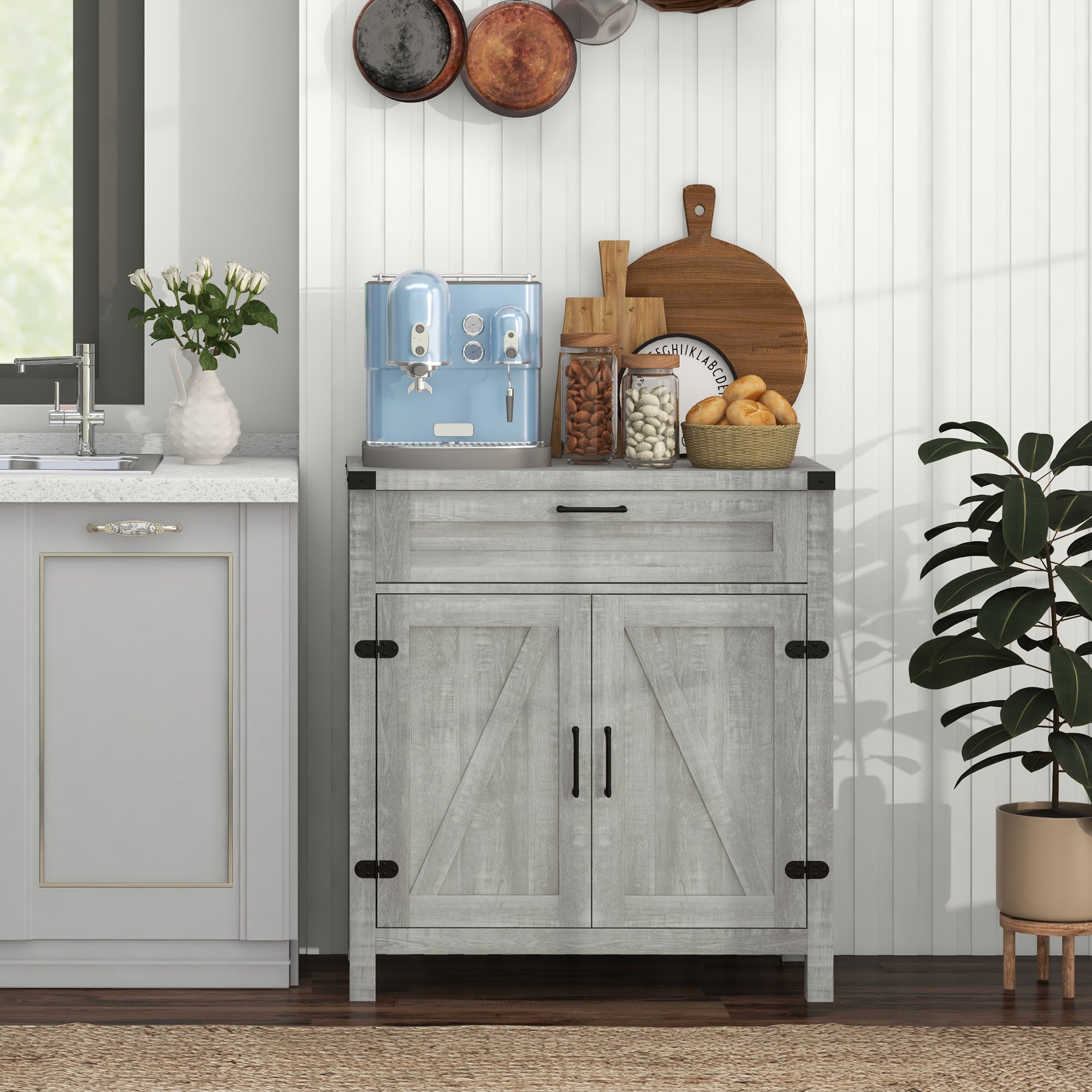 HOMCOM Sideboard Buffet Cabinet, Farmhouse Kitchen Storage Cabinet with Rustic Barn Door and Drawer, Grey