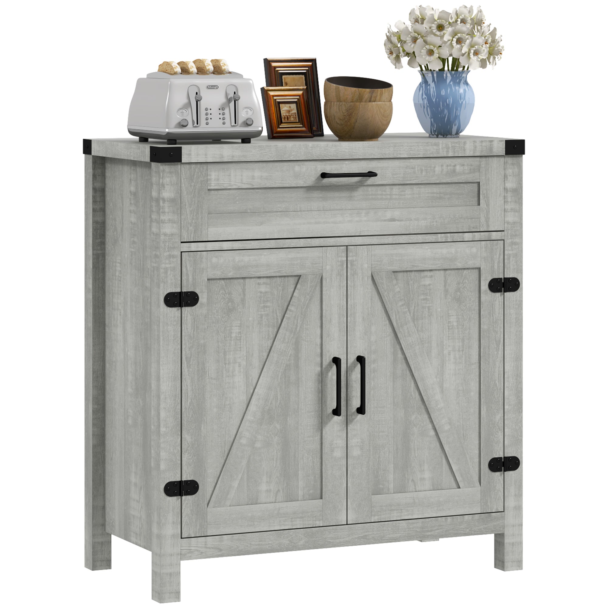 HOMCOM Sideboard Buffet Cabinet, Farmhouse Kitchen Storage Cabinet with Rustic Barn Door and Drawer, Grey