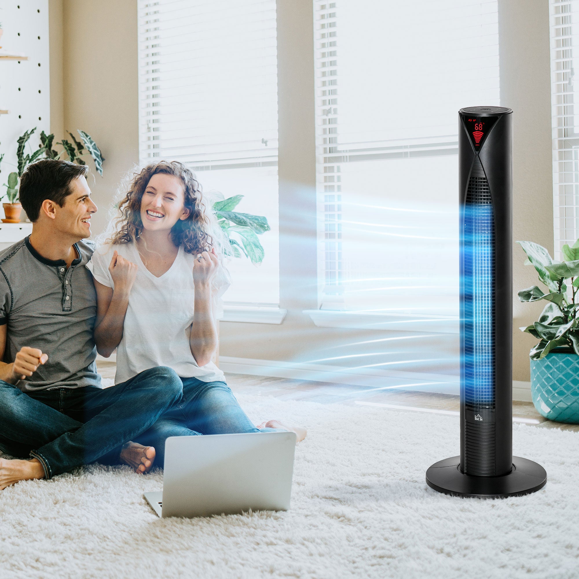Freestanding Tower Fan Cooling for Home Bedroom with Oscillating, 4 Modes, 3 Speeds, 12h Timer, LED Sensor Panel, Remote Controller, Black