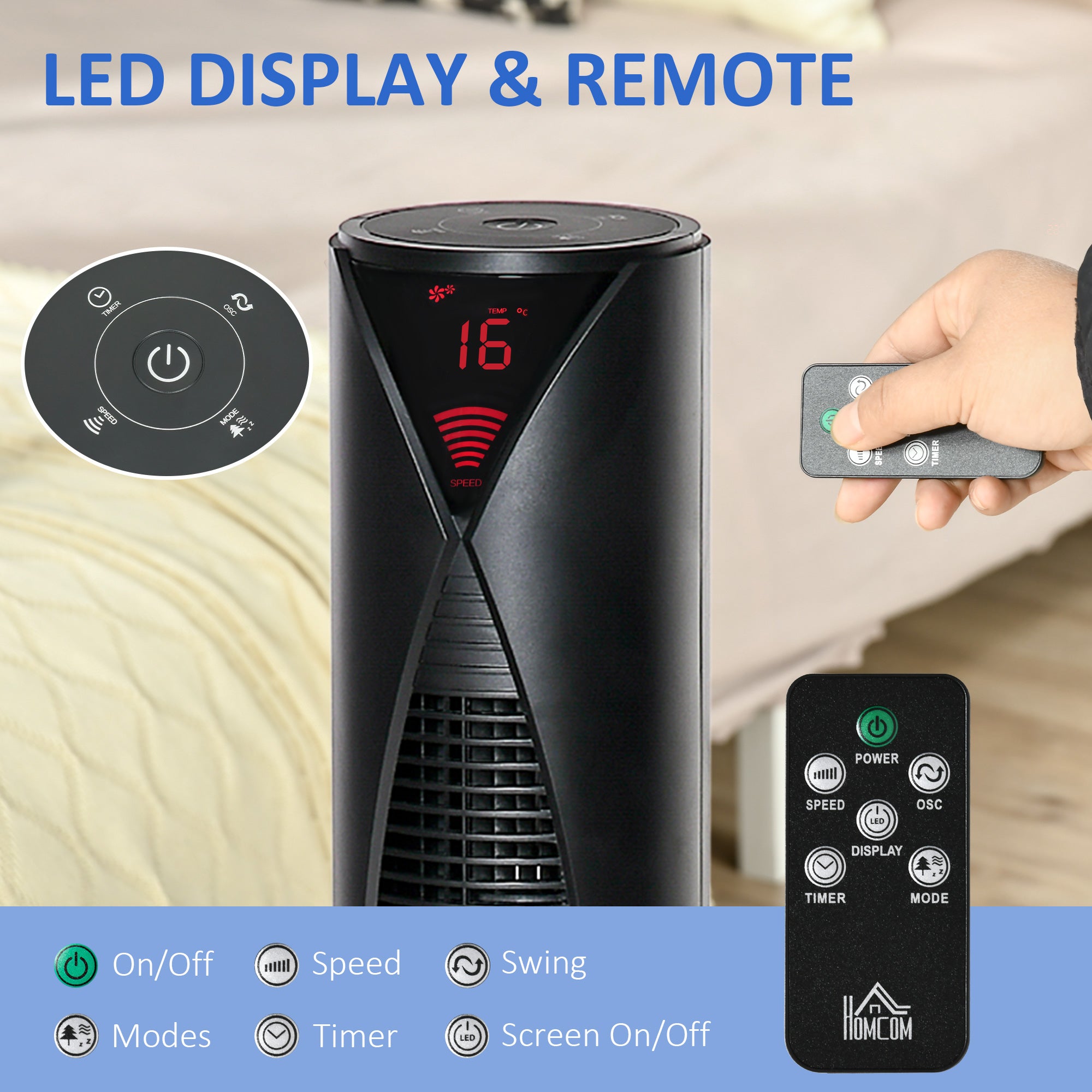 Freestanding Tower Fan Cooling for Home Bedroom with Oscillating, 4 Modes, 3 Speeds, 12h Timer, LED Sensor Panel, Remote Controller, Black