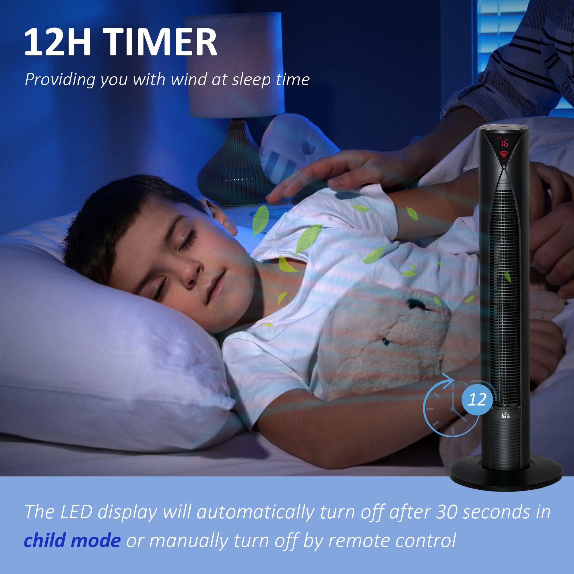 Freestanding Tower Fan Cooling for Home Bedroom with Oscillating, 4 Modes, 3 Speeds, 12h Timer, LED Sensor Panel, Remote Controller, Black