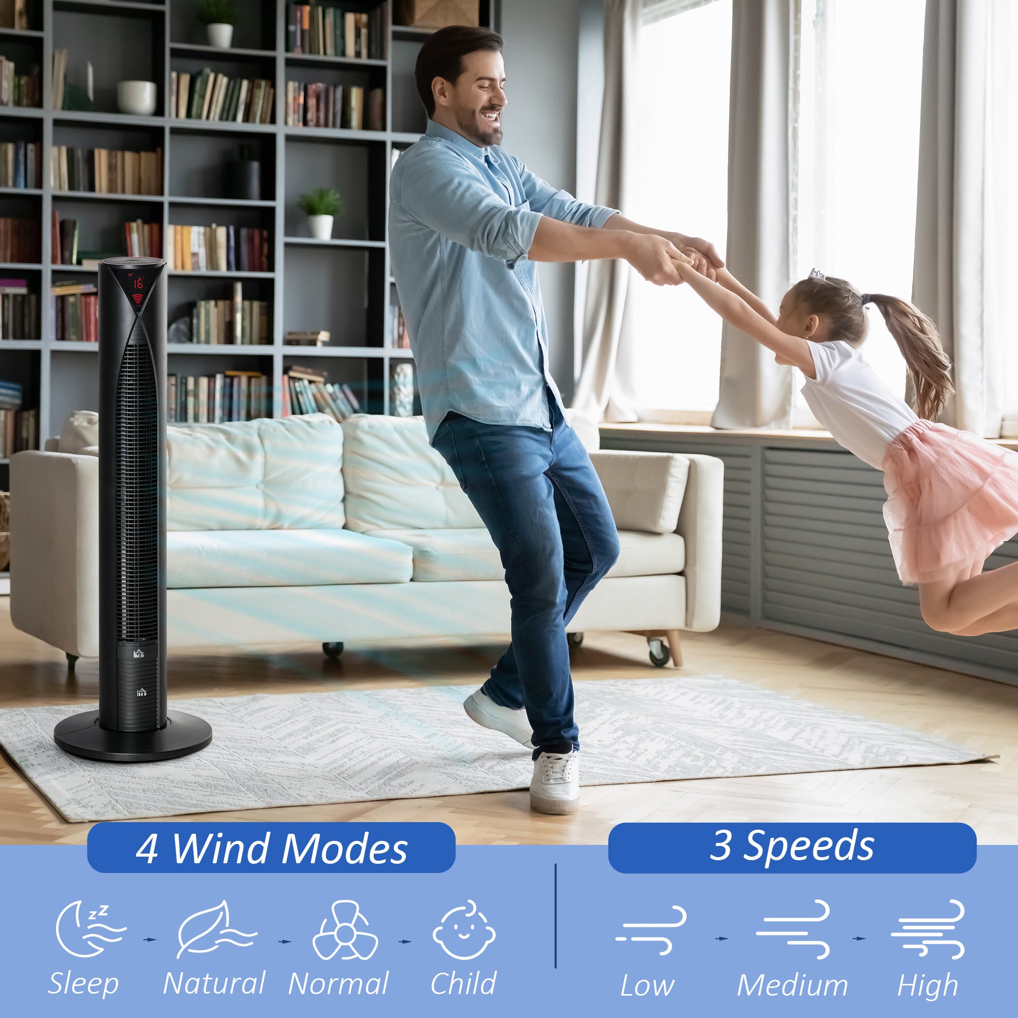 Freestanding Tower Fan Cooling for Home Bedroom with Oscillating, 4 Modes, 3 Speeds, 12h Timer, LED Sensor Panel, Remote Controller, Black