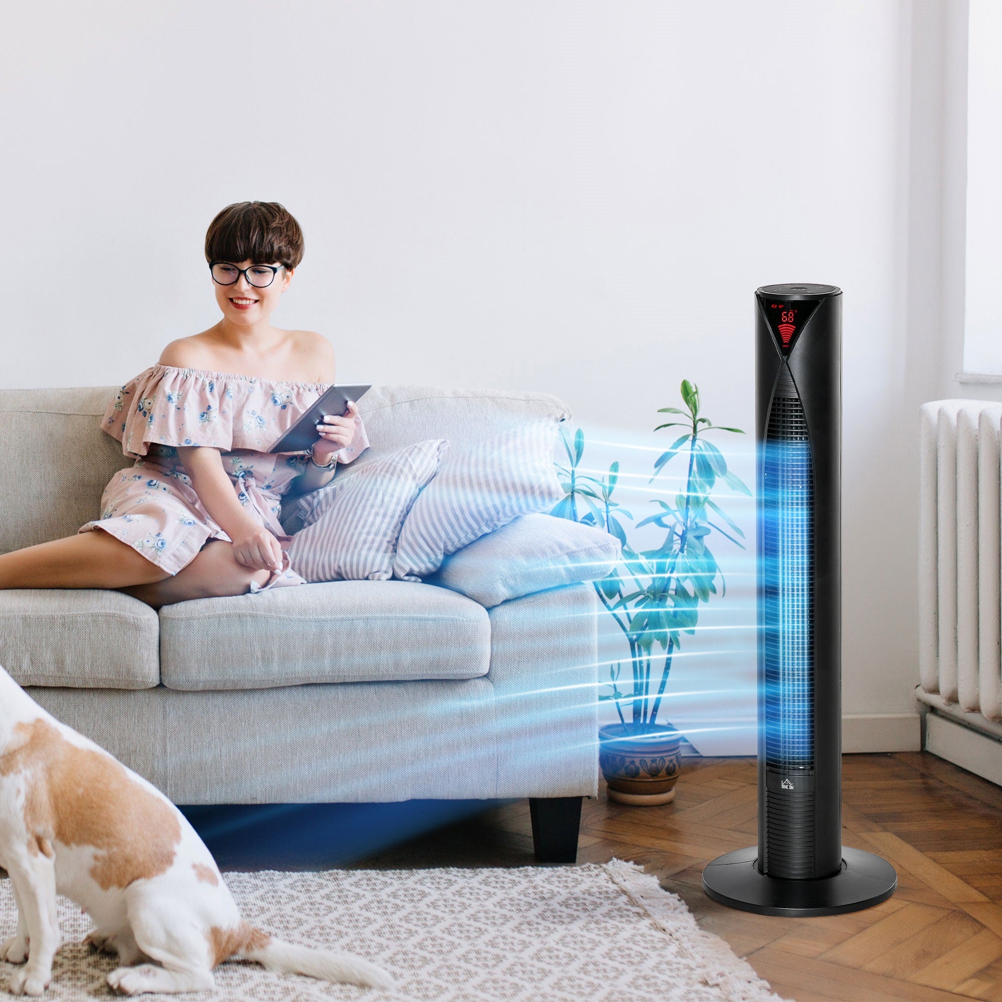 Freestanding Tower Fan Cooling for Home Bedroom with Oscillating, 4 Modes, 3 Speeds, 12h Timer, LED Sensor Panel, Remote Controller, Black