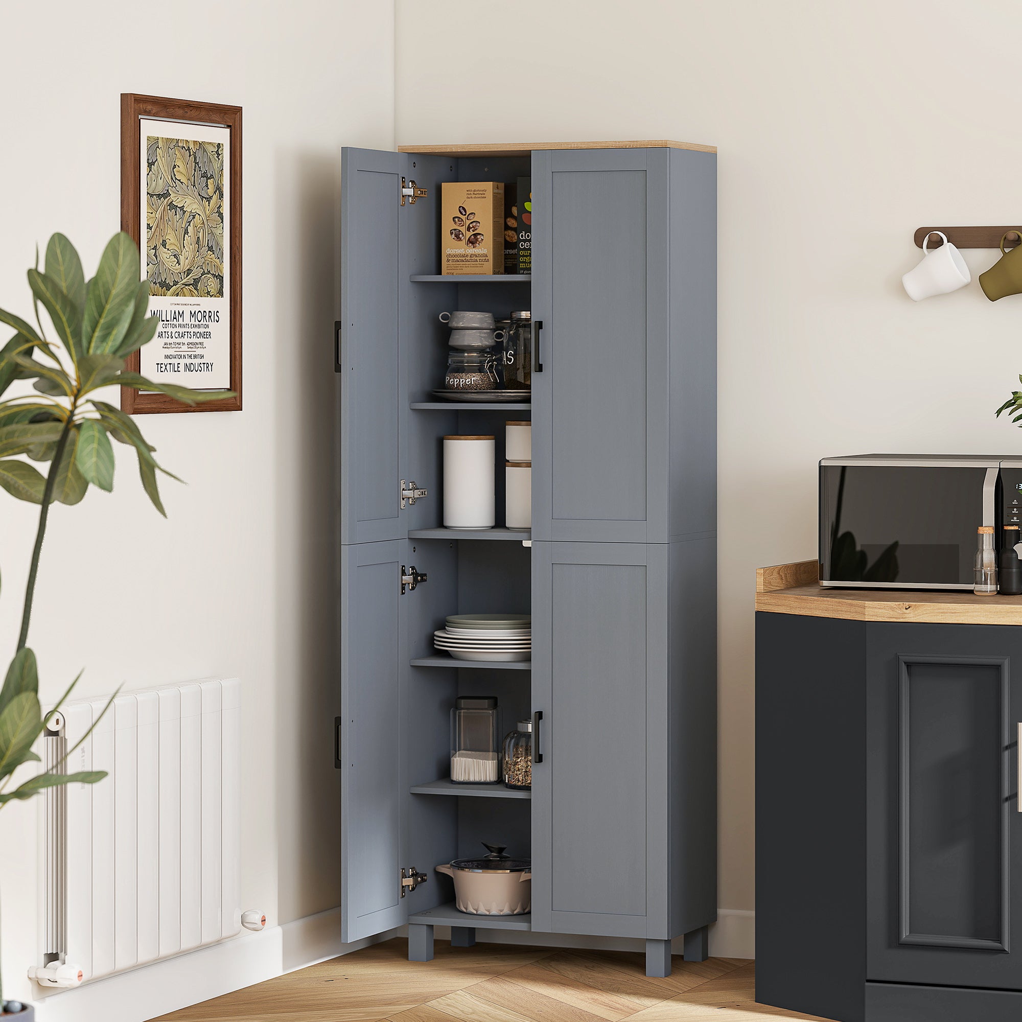 Freestanding Kitchen Cupboard, 4-Door Storage Cabinet with Adjustable Shelves, Modern Kitchen Pantry for Dining Room, 170cm, Grey Wood Effect