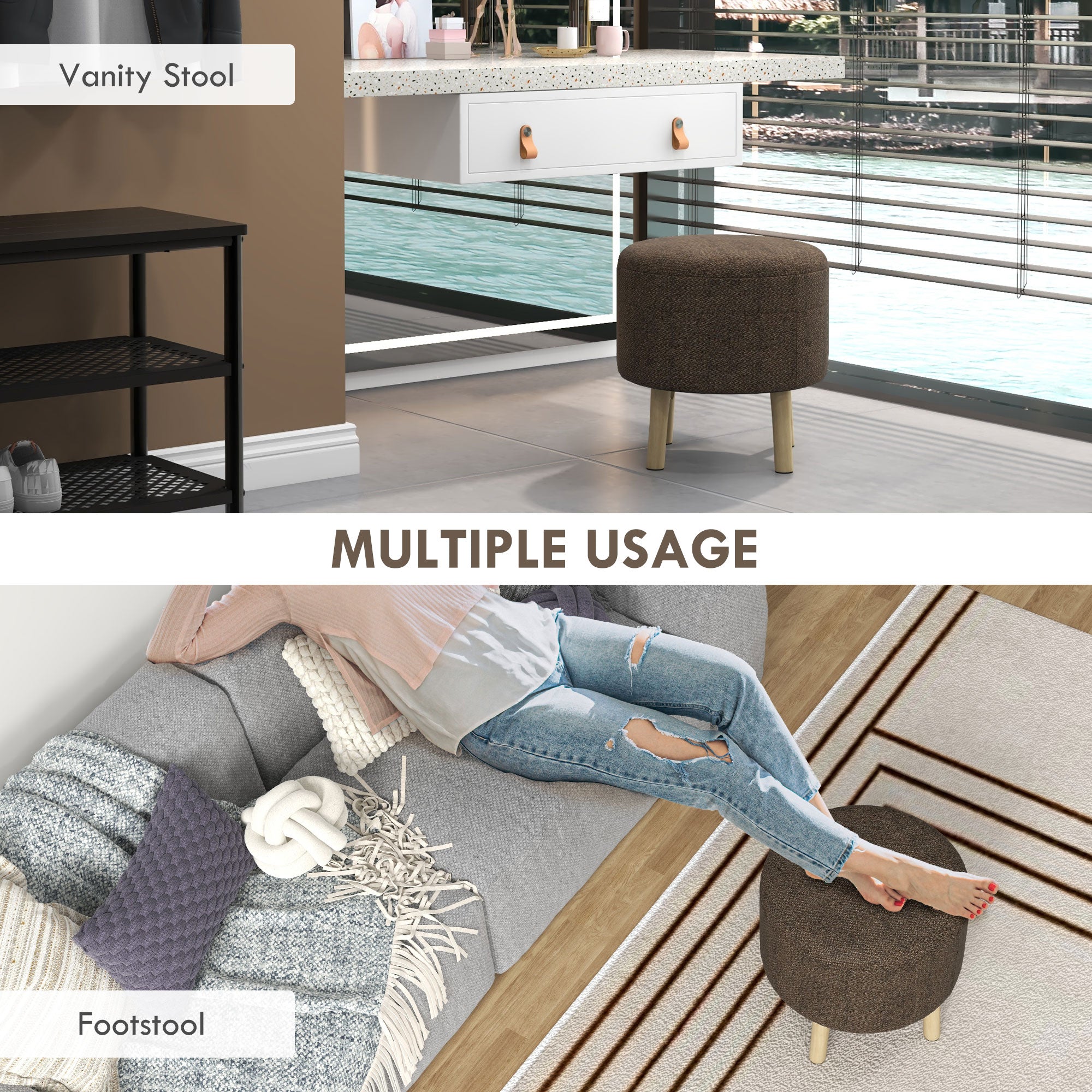 HOMCOM Round Storage Stool, Linen Fabric Upholstered Foot Stool with Removable Top, Padded Seat, Hidden Space and Wooden Legs for Living Room, Brown