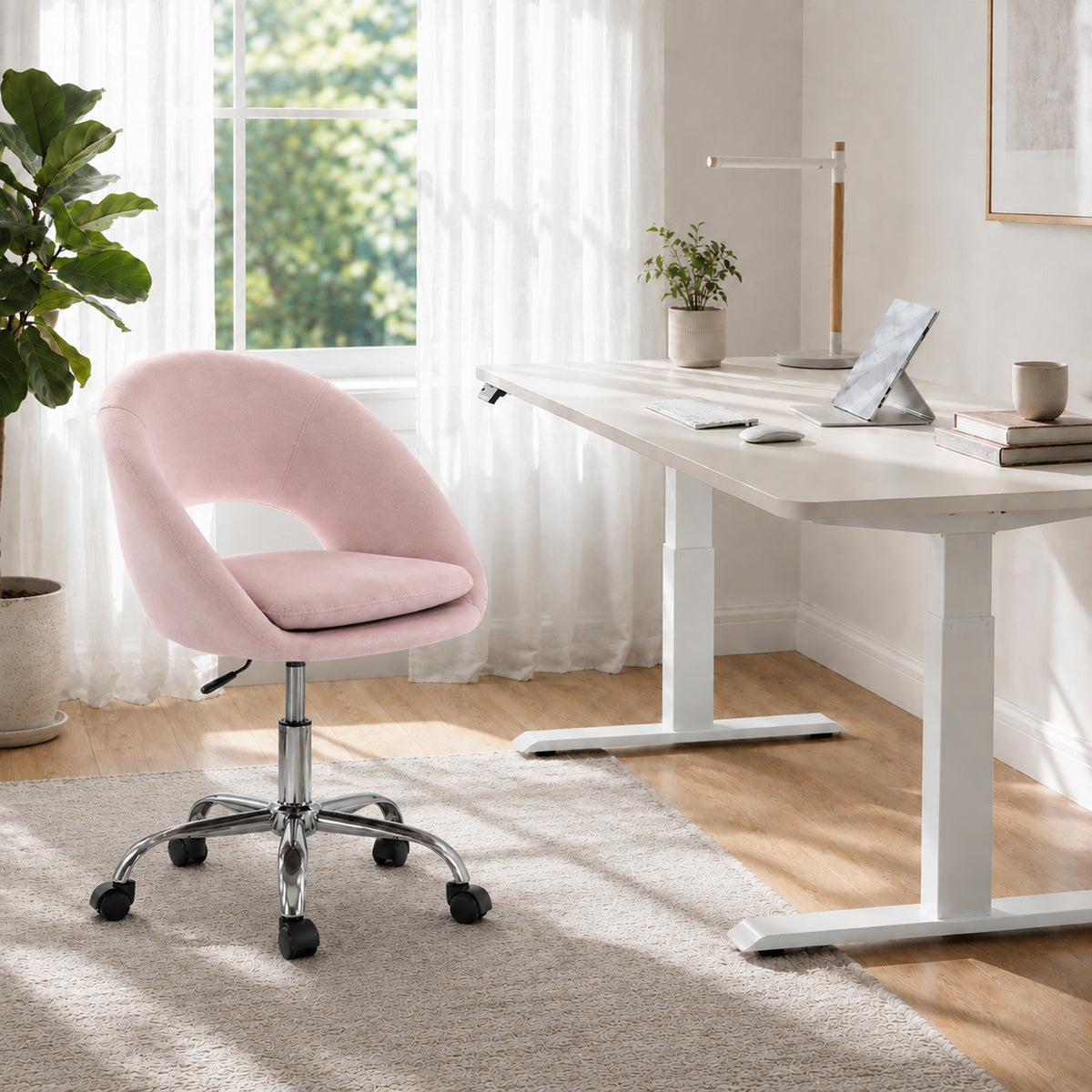 Modern Office Chair, Velvet Desk Chair with Swivel Seat, Height-Adjustable, with Wheels, for Home Study, Bedroom, Pink