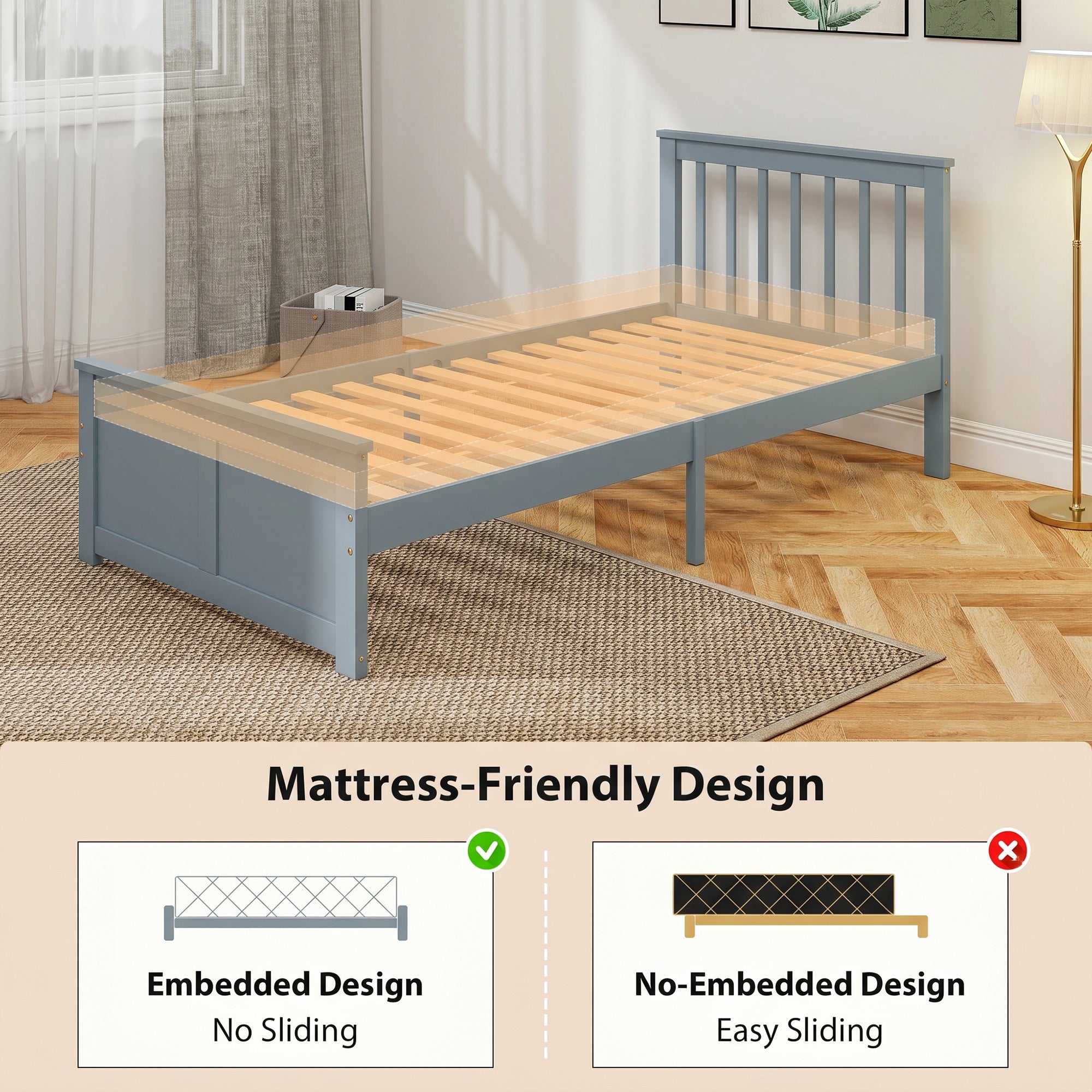3ft Single Solid Wooden Bed Frame, Pine Storage Bed with Drawers, Headboard, Wood Slat Support, No Box Spring Needed, Easy Assembly, 90 x 190 cm, Grey