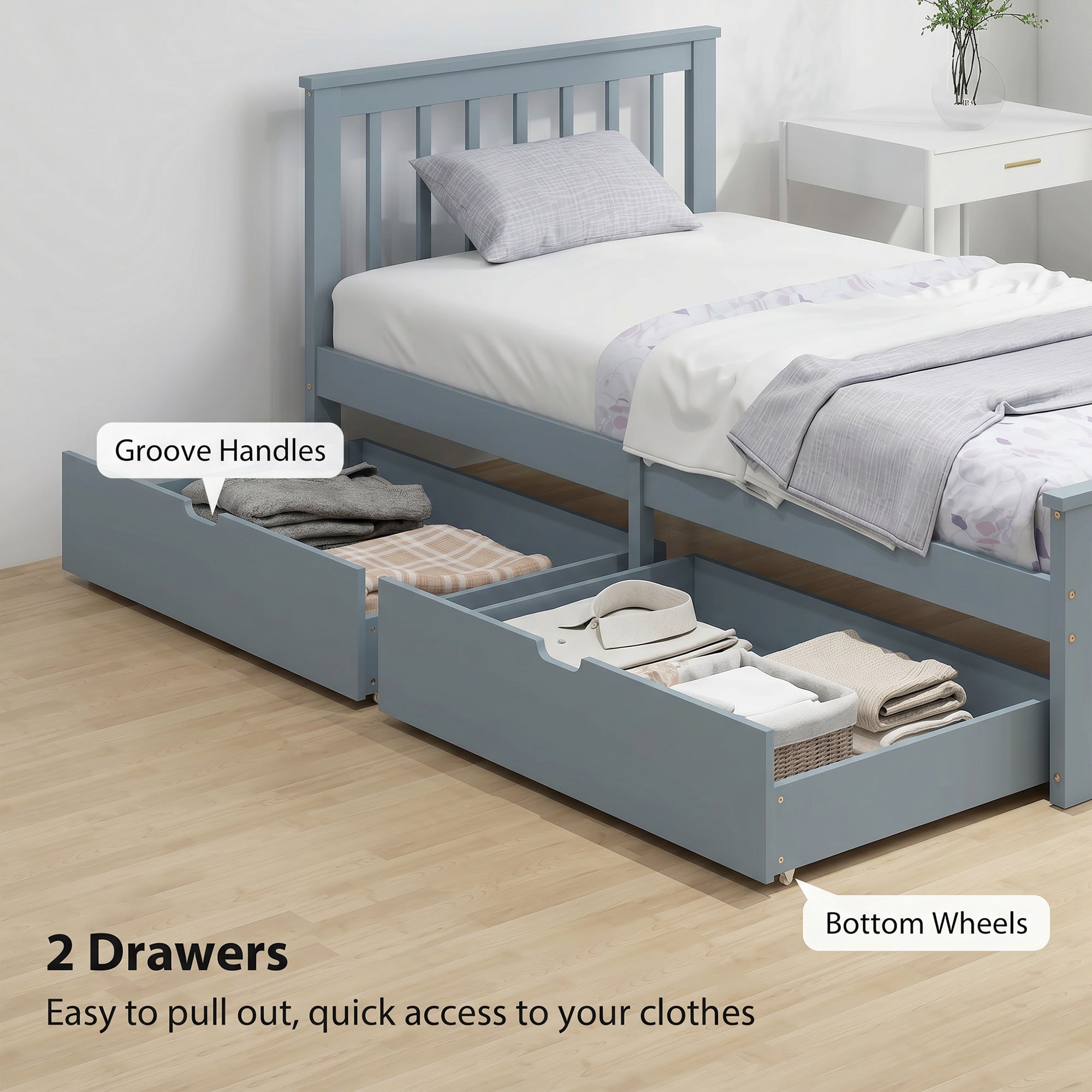 3ft Single Solid Wooden Bed Frame, Pine Storage Bed with Drawers, Headboard, Wood Slat Support, No Box Spring Needed, Easy Assembly, 90 x 190 cm, Grey