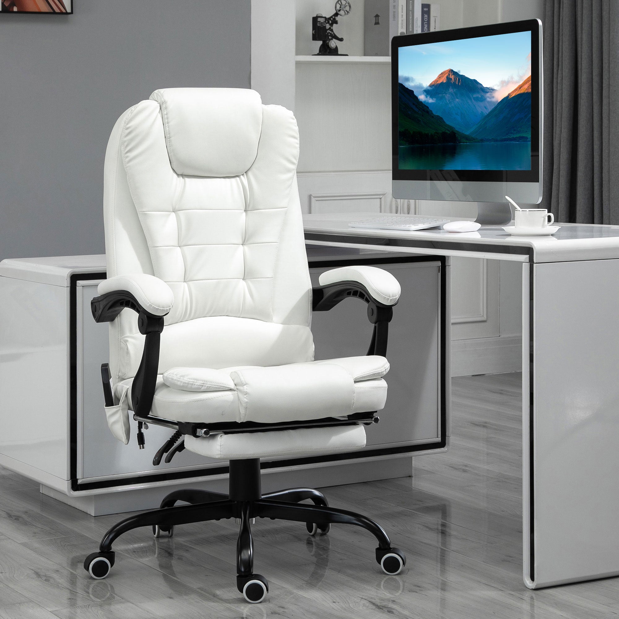 Vinsetto 7-Point Vibration Massage Office Chair, Faux Leather Executive Office Chair with Footrest, Reclining Back, Adjustable Height, White