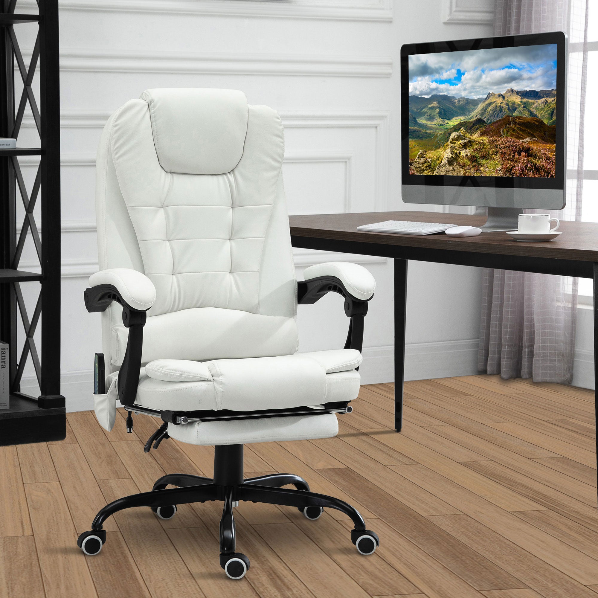 Vinsetto 7-Point Vibration Massage Office Chair, Faux Leather Executive Office Chair with Footrest, Reclining Back, Adjustable Height, White