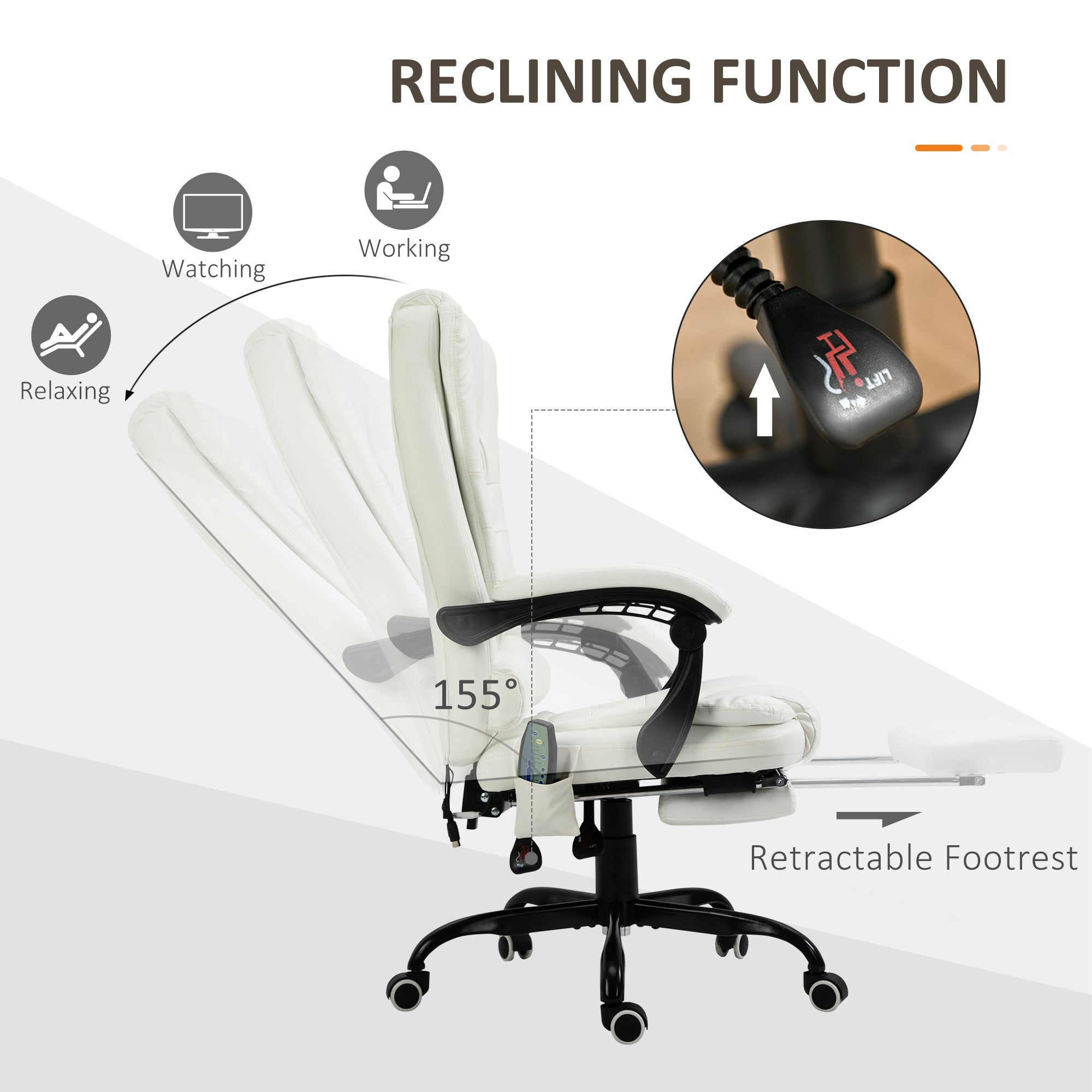 Vinsetto 7-Point Vibration Massage Office Chair, Faux Leather Executive Office Chair with Footrest, Reclining Back, Adjustable Height, White