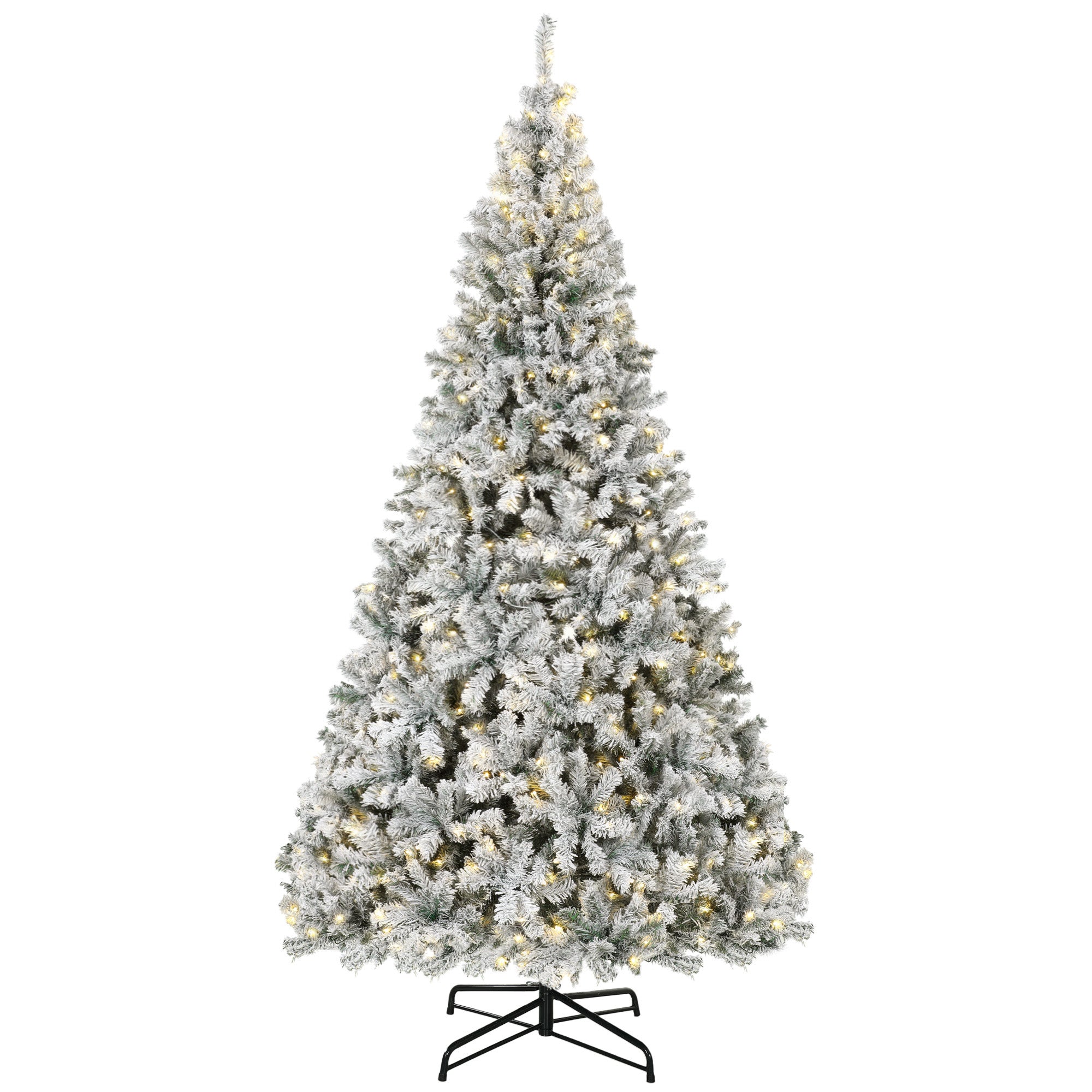 9ft Flocked Prelit Christmas Tree, Fraser Fir, Hinged Xmas Tree with 1852 Branch Tips, 600 Warm White LED Lights, Foldable Metal Base for Indoor Holiday Decor, Green White