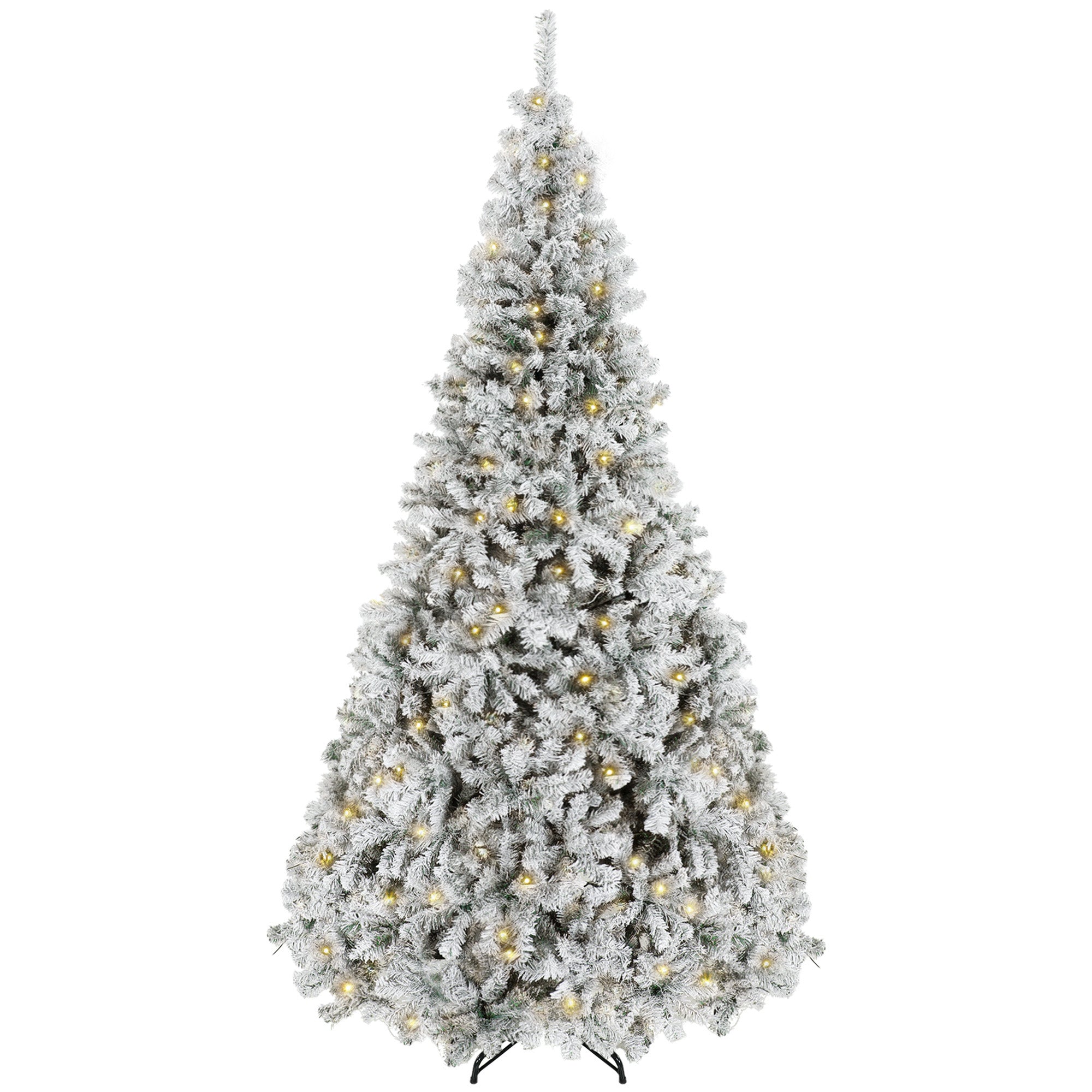 9ft Flocked Prelit Christmas Tree, Fraser Fir, Hinged Xmas Tree with 1852 Branch Tips, 600 Warm White LED Lights, Foldable Metal Base for Indoor Holiday Decor, Green White