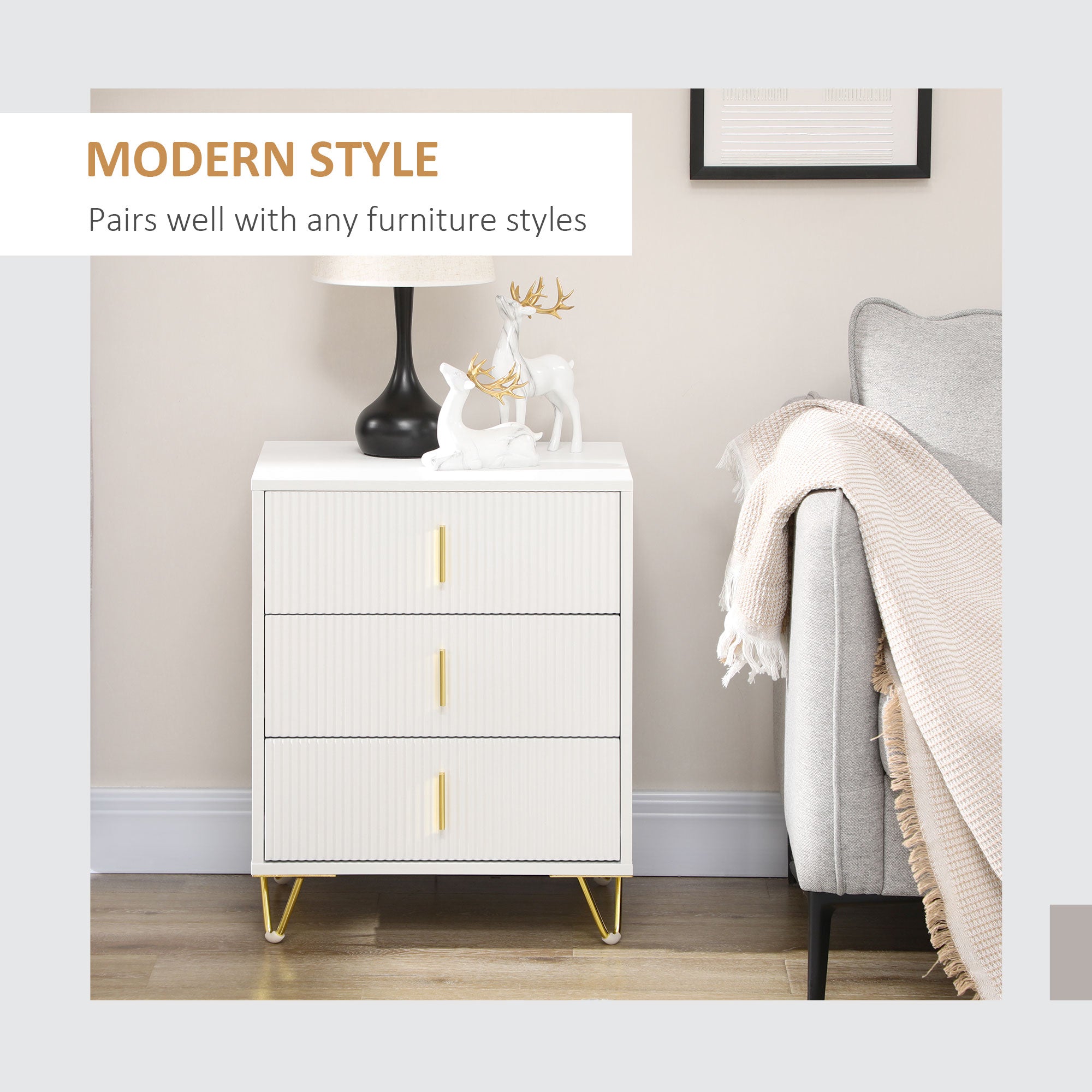 HOMCOM Modern 3 Drawer Dresser, Fluted Bedroom Dresser Chest of Drawers with Metal Legs and Steel Handles for Bedroom, White