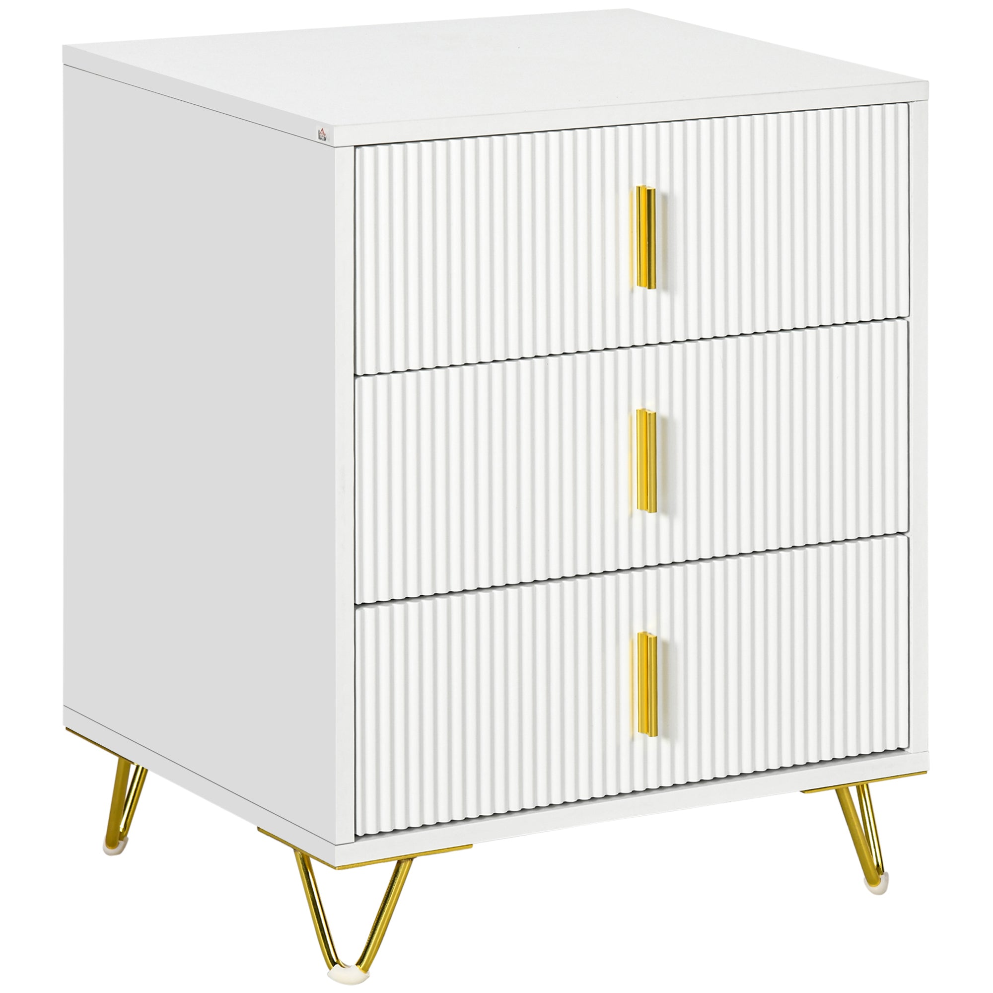 HOMCOM Modern 3 Drawer Dresser, Fluted Bedroom Dresser Chest of Drawers with Metal Legs and Steel Handles for Bedroom, White