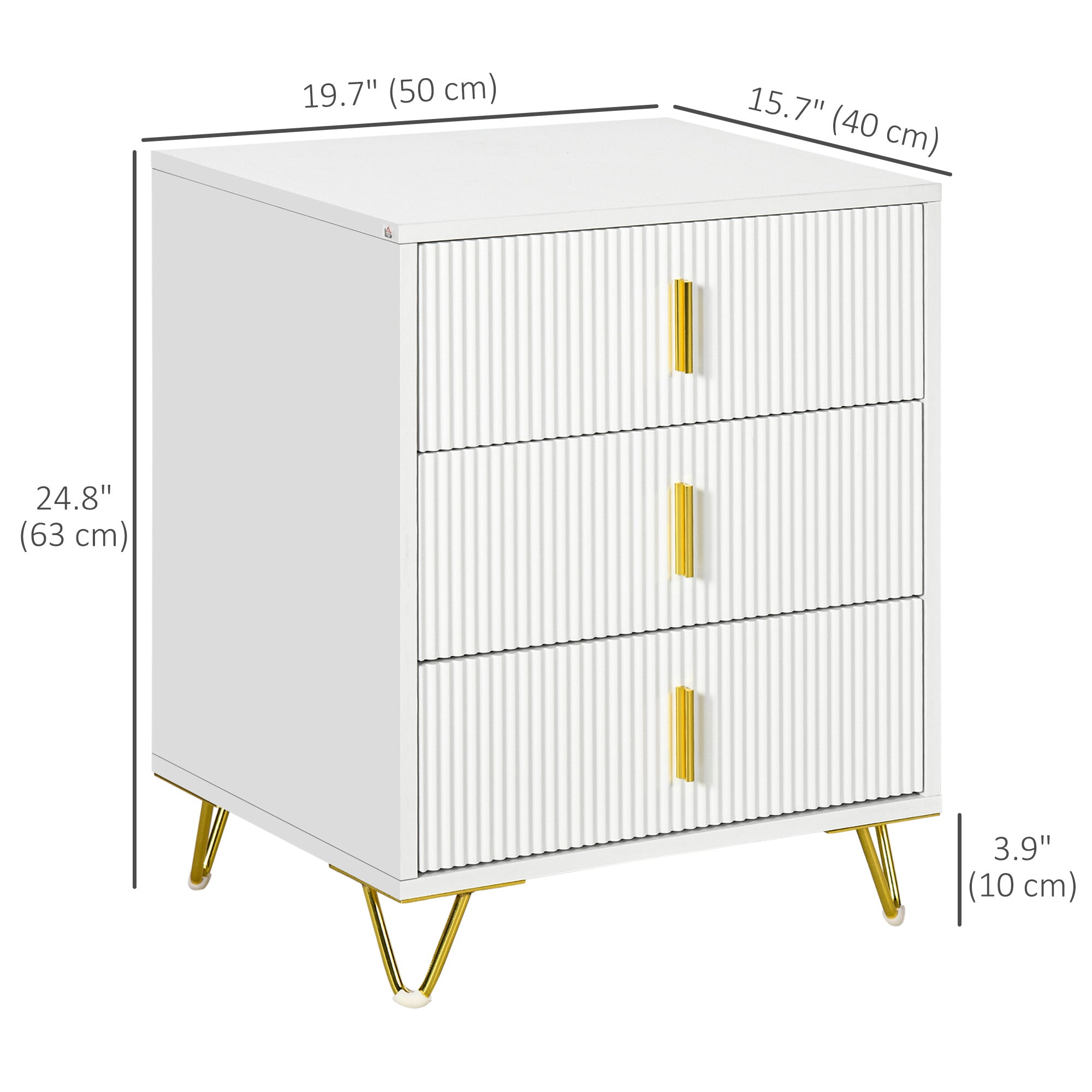 HOMCOM Modern 3 Drawer Dresser, Chest of Drawers with Metal Legs and Steel Handles for Living Room, White