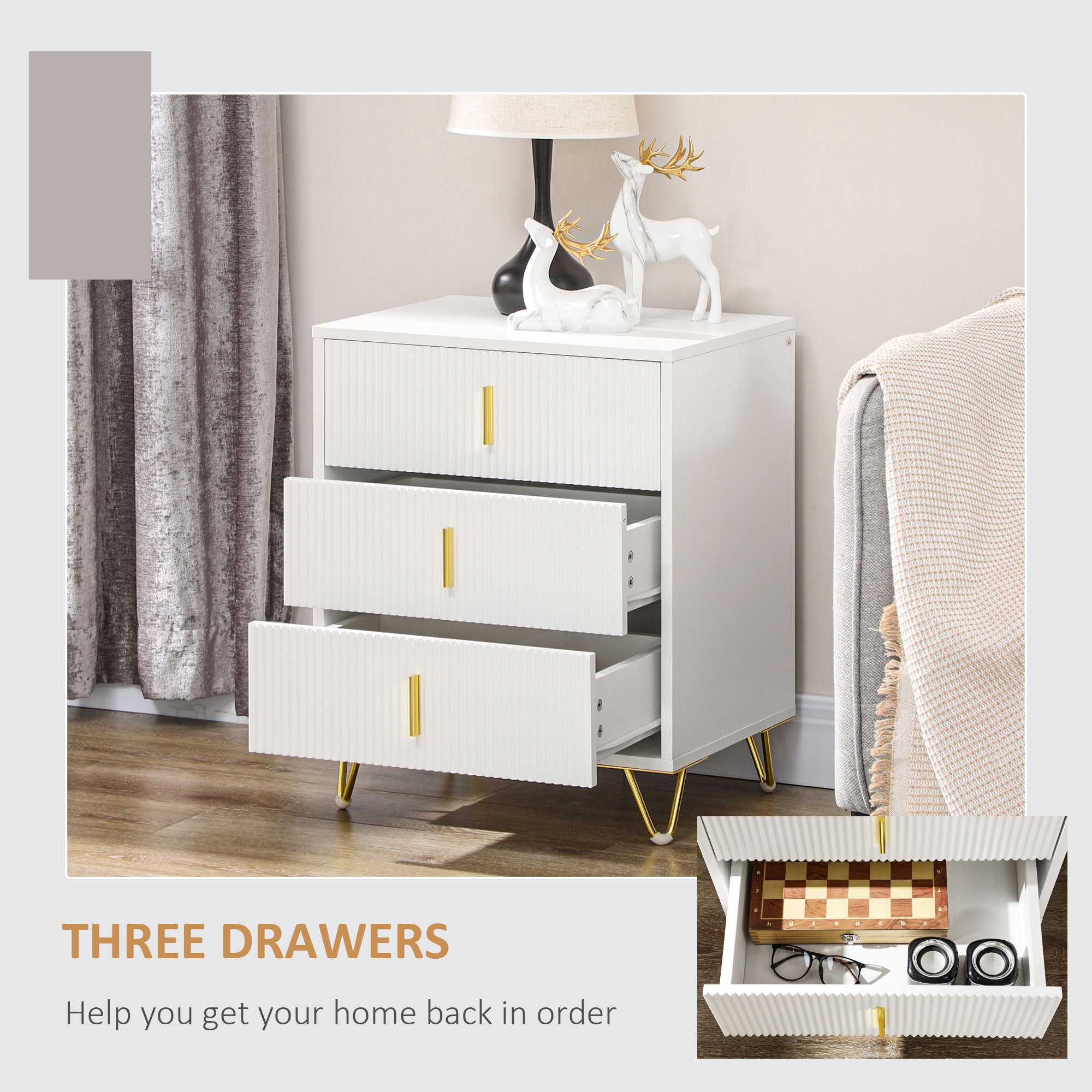 HOMCOM Modern 3 Drawer Dresser, Chest of Drawers with Metal Legs and Steel Handles for Living Room, White