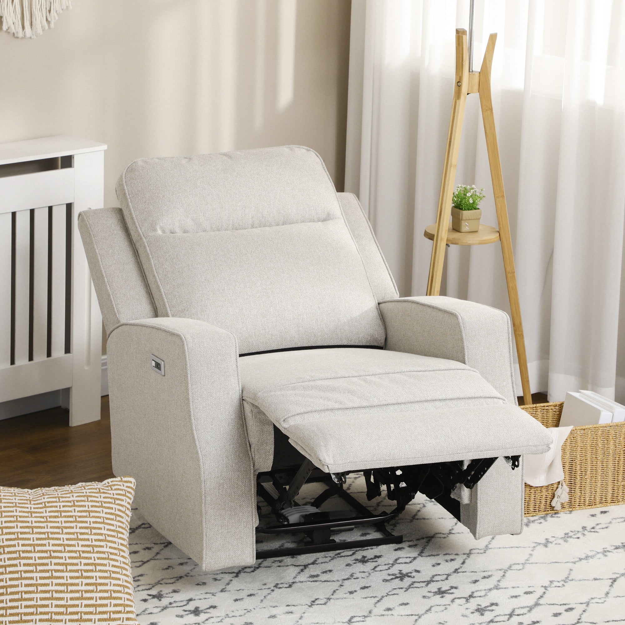 Electric Power Recliner Wall Hugger Armchair with USB Charging Station Linen Upholstered Seat Cream White