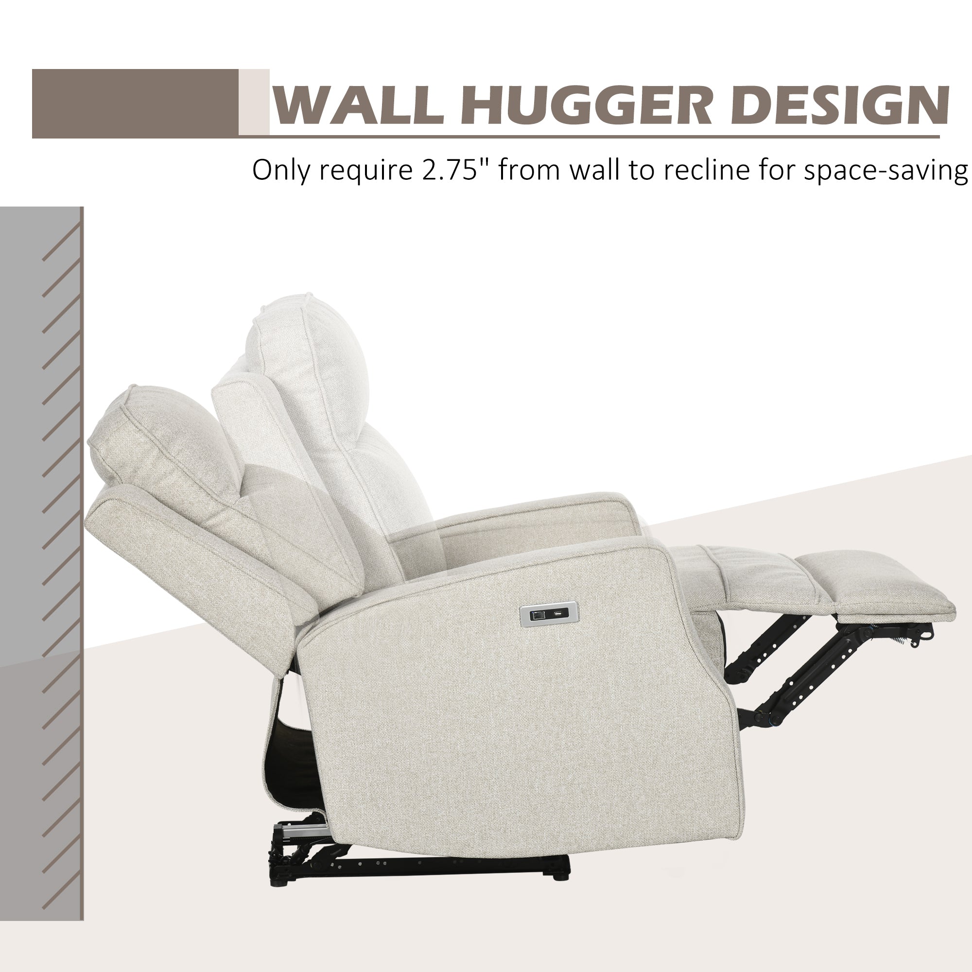 Electric Power Recliner Wall Hugger Armchair with USB Charging Station Linen Upholstered Seat Cream White