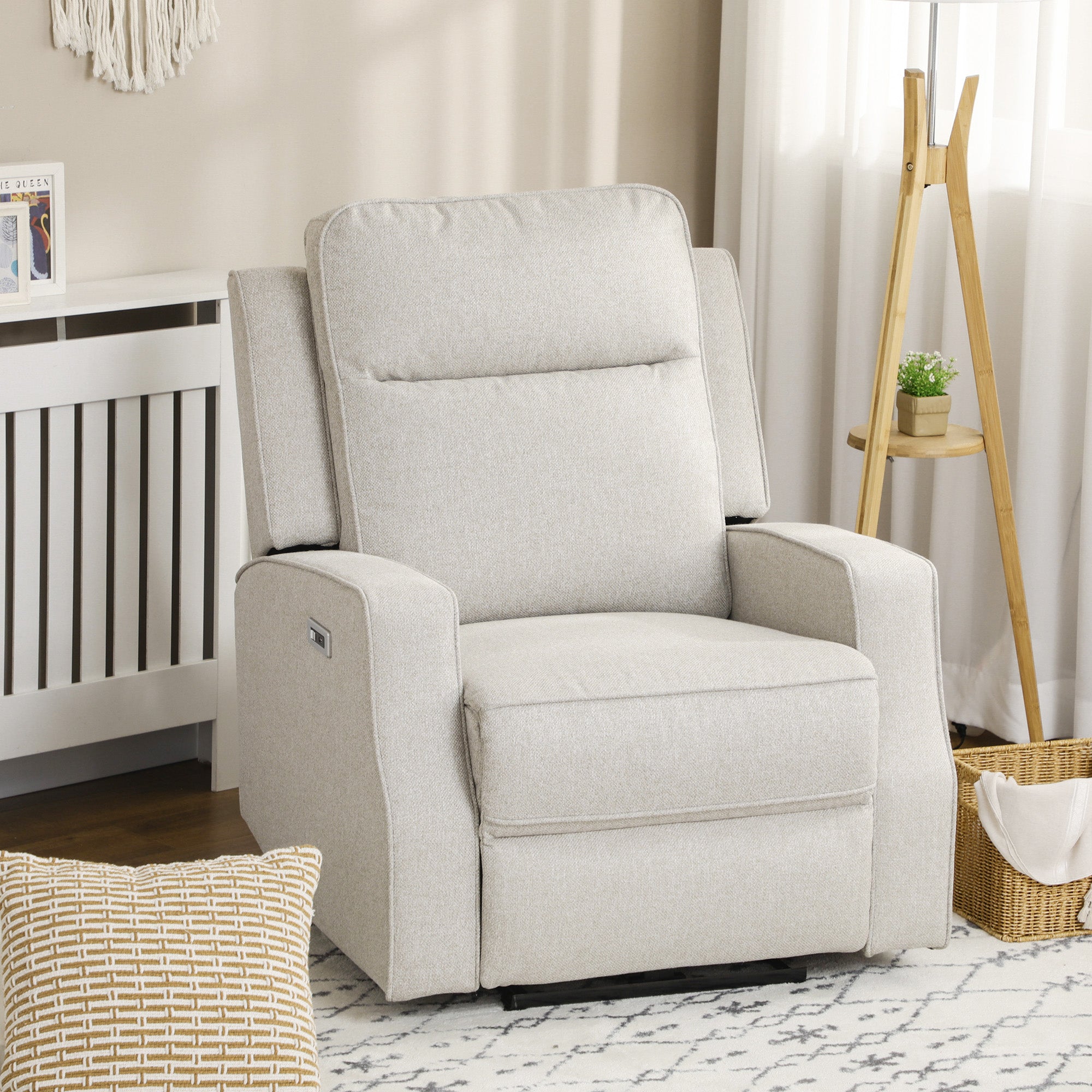 Electric Power Recliner Wall Hugger Armchair with USB Charging Station Linen Upholstered Seat Cream White