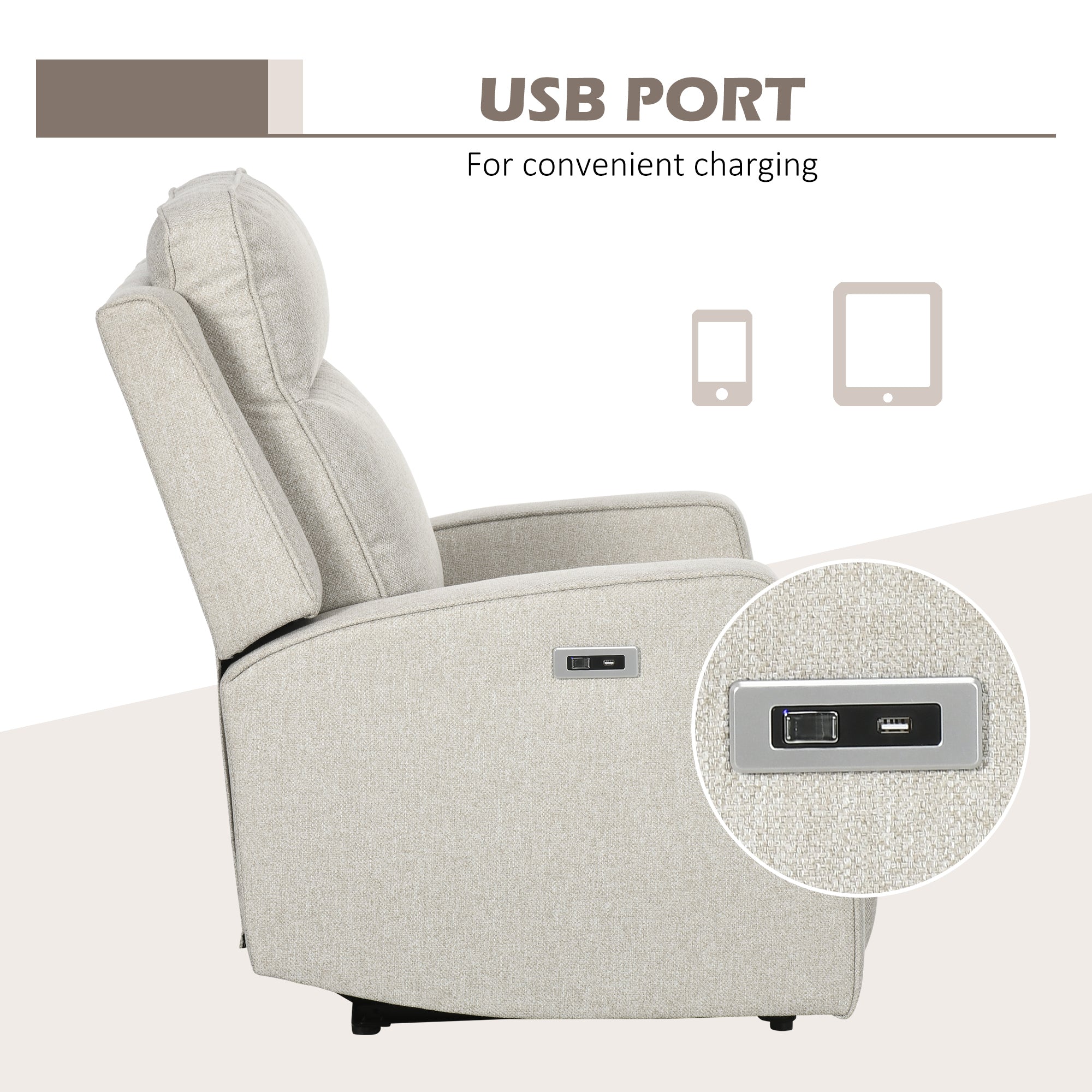 Electric Power Recliner Wall Hugger Armchair with USB Charging Station Linen Upholstered Seat Cream White