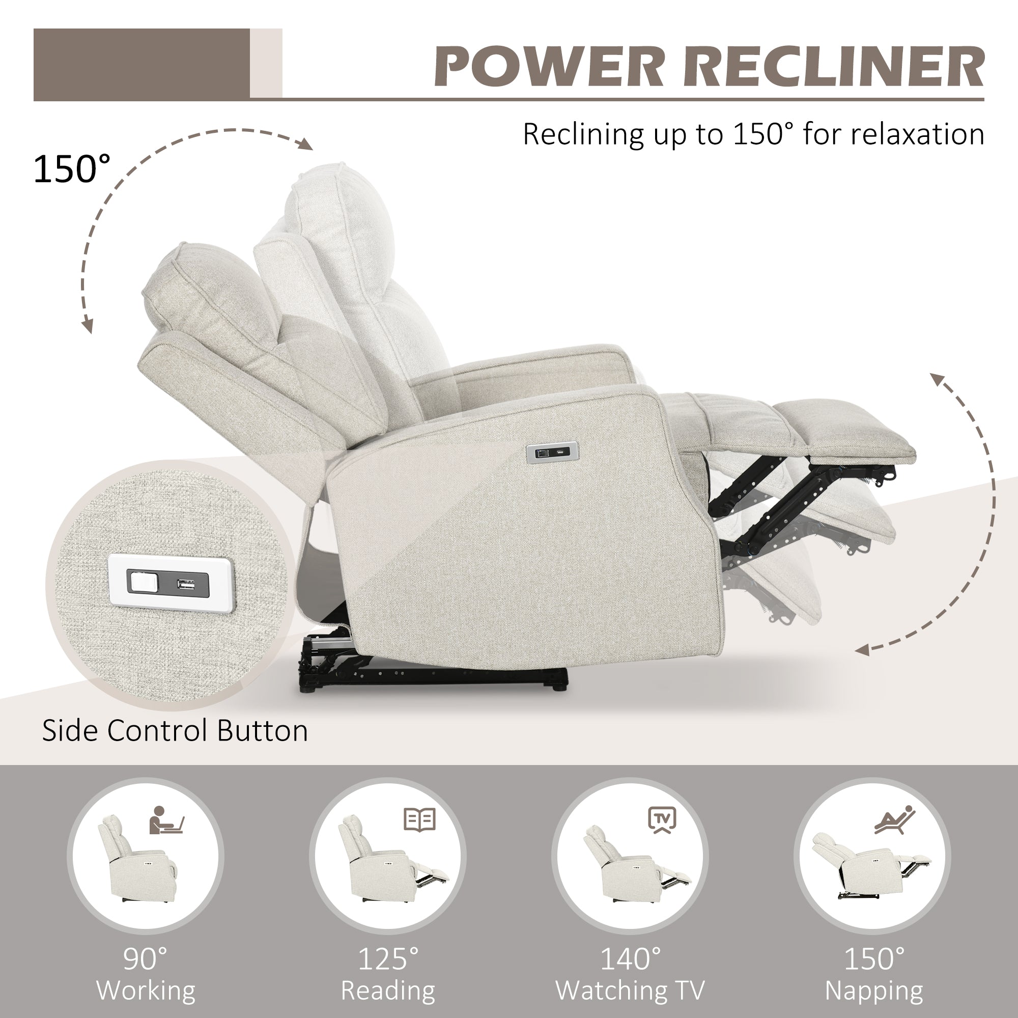 Electric Power Recliner Wall Hugger Armchair with USB Charging Station Linen Upholstered Seat Cream White